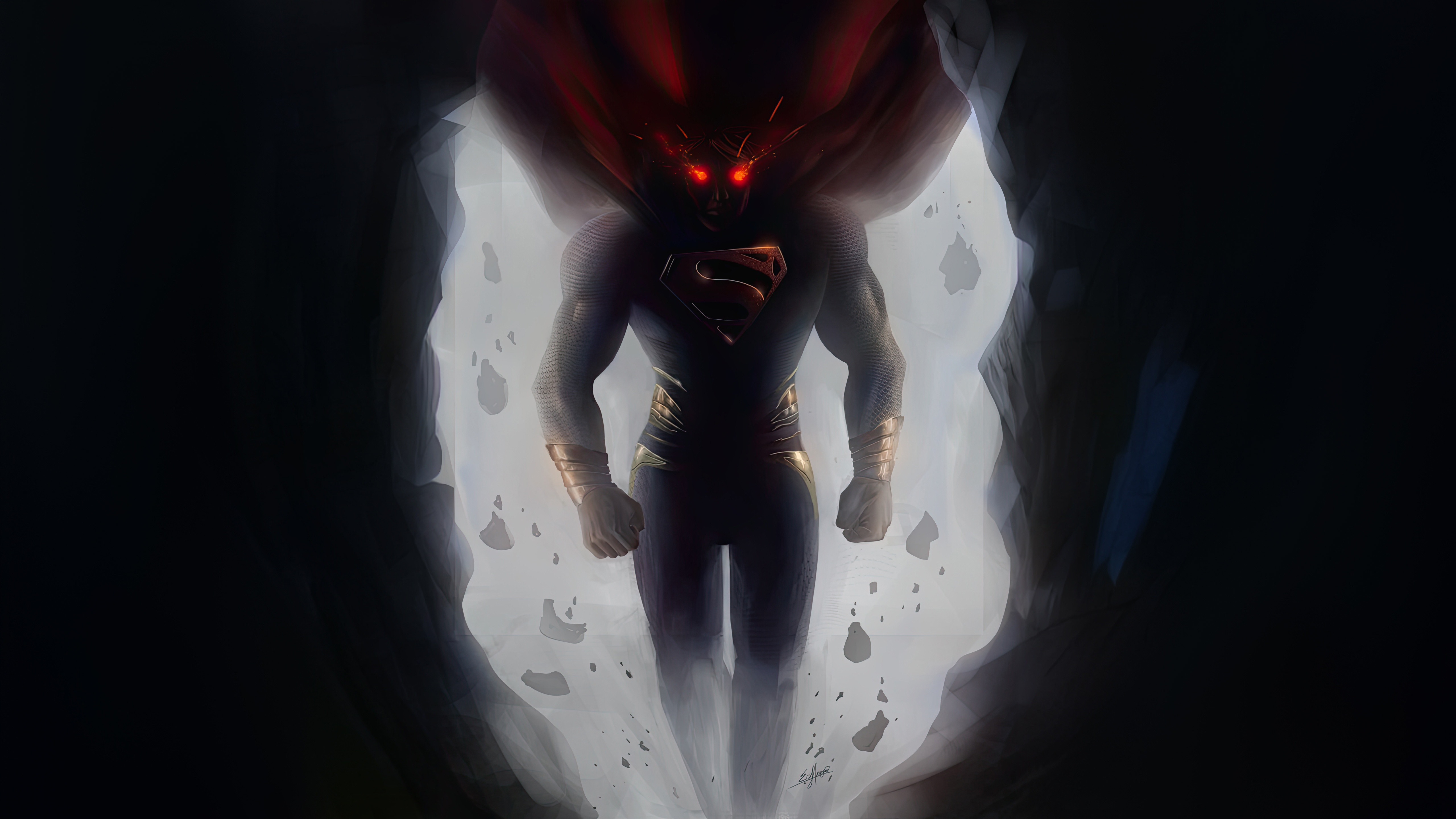 Superman with glowing red eyes and red cape HD Wallpaper