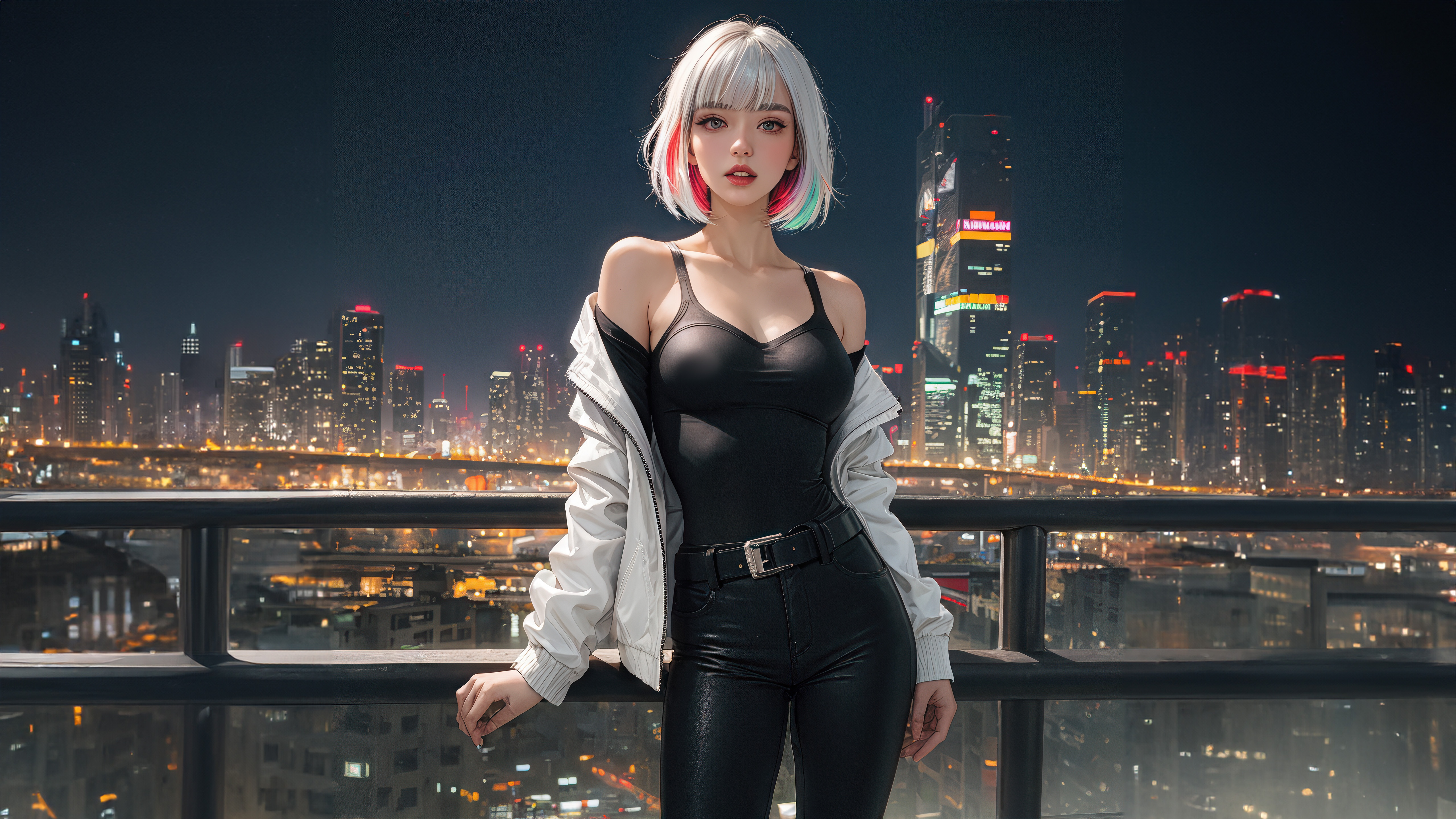 Anime Girl Poses on a Rooftop Overlooking a City at Night HD Wallpaper