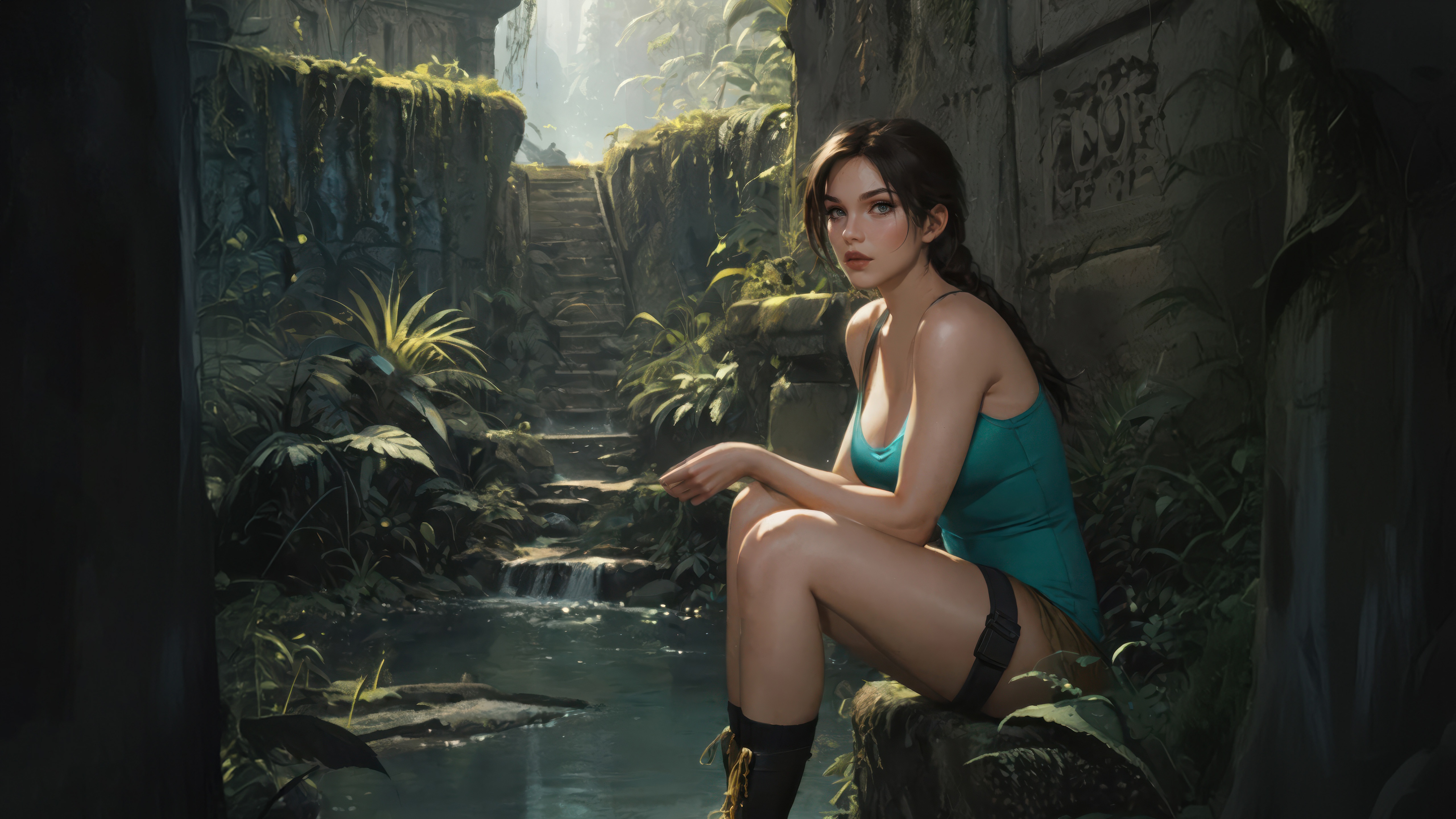 Lara Croft in a jungle ruin HD Wallpaper