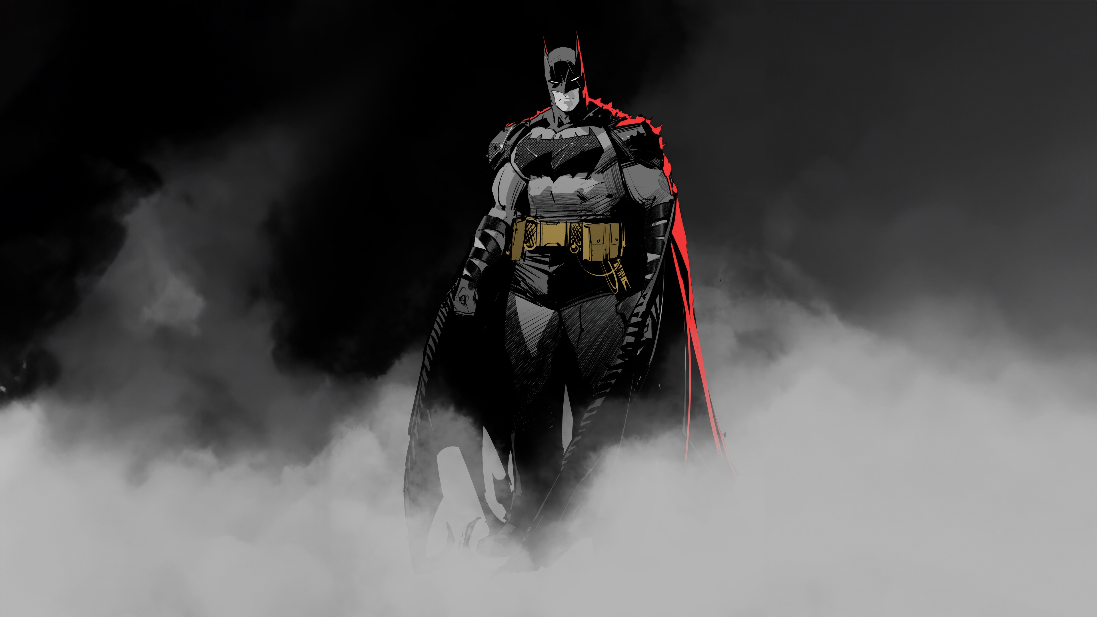 Batman in Smoke with Red Cape HD Wallpaper
