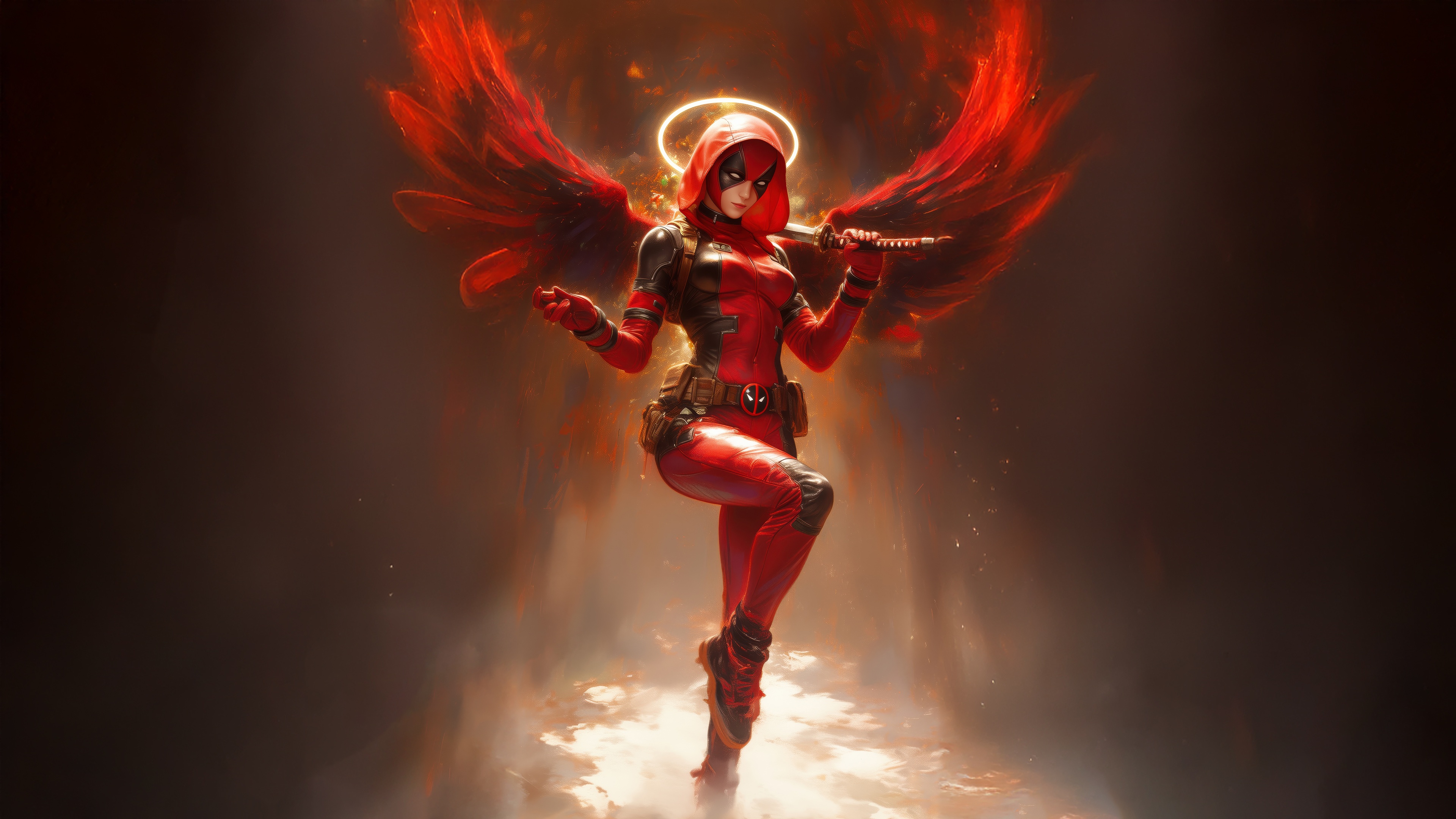 Lady Deadpool with Red Wings and Halo HD Wallpaper