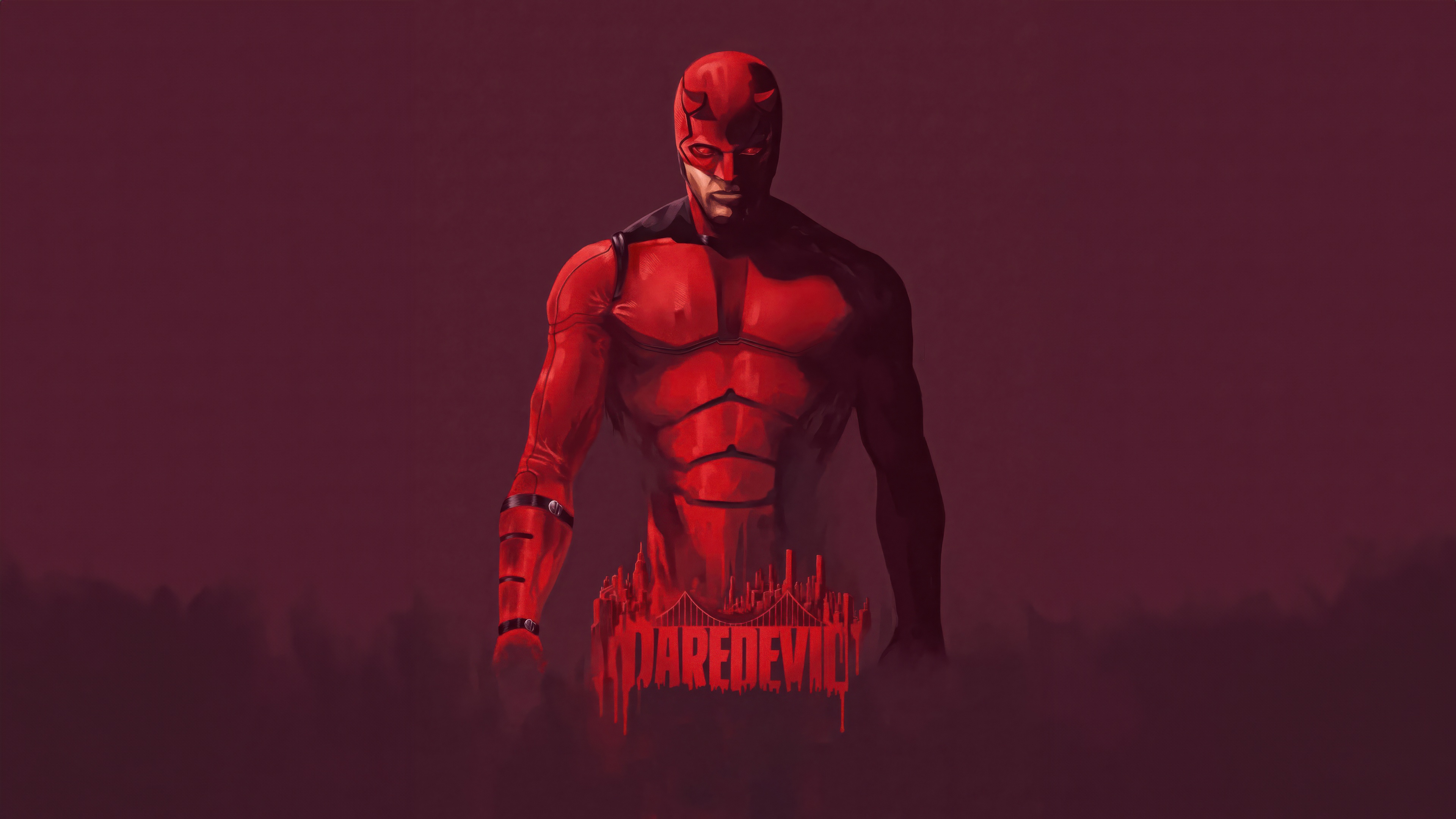 Daredevil in a red suit with a city skyline HD Wallpaper