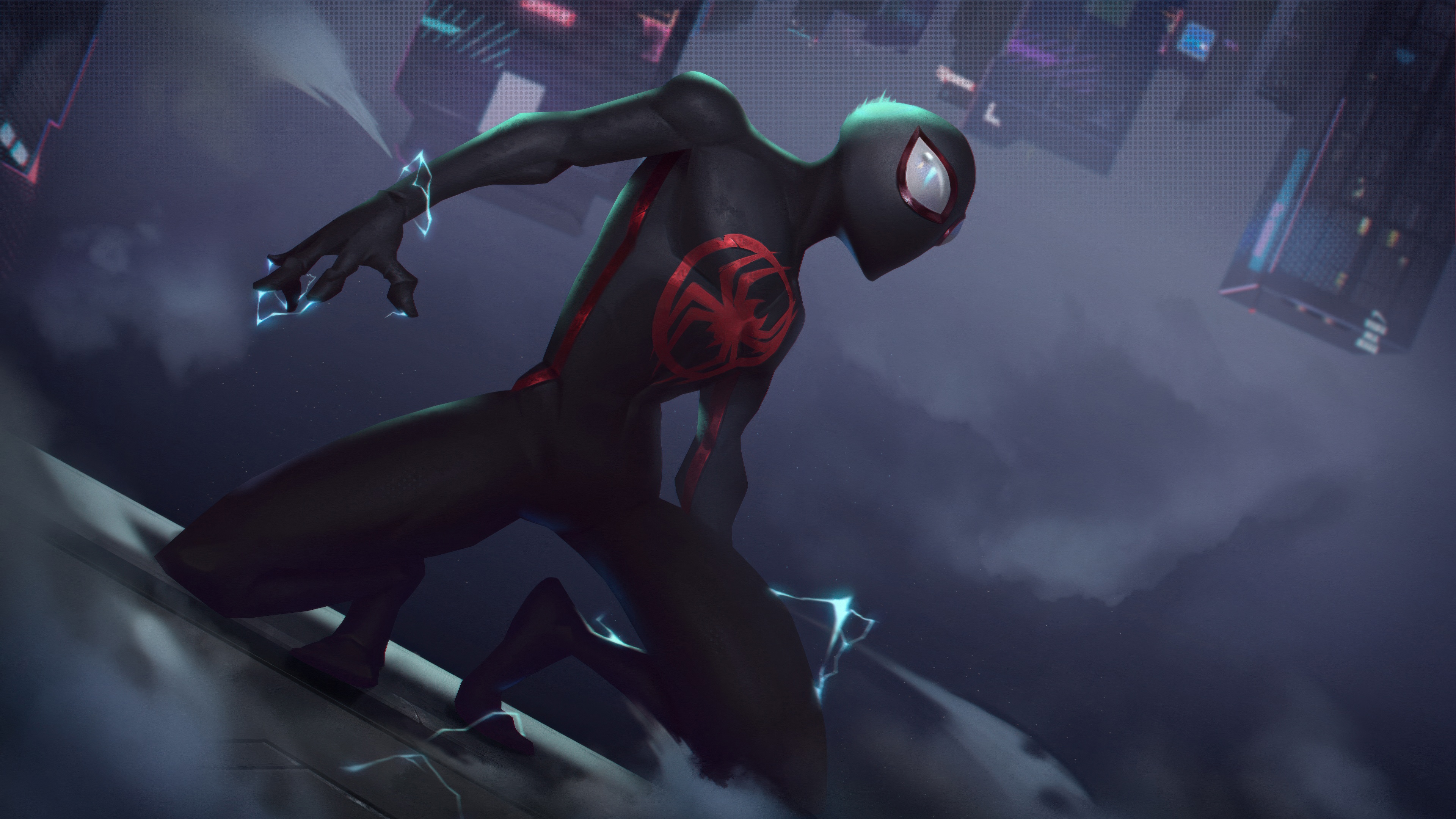 Miles Morales on the edge of a city HD Wallpaper