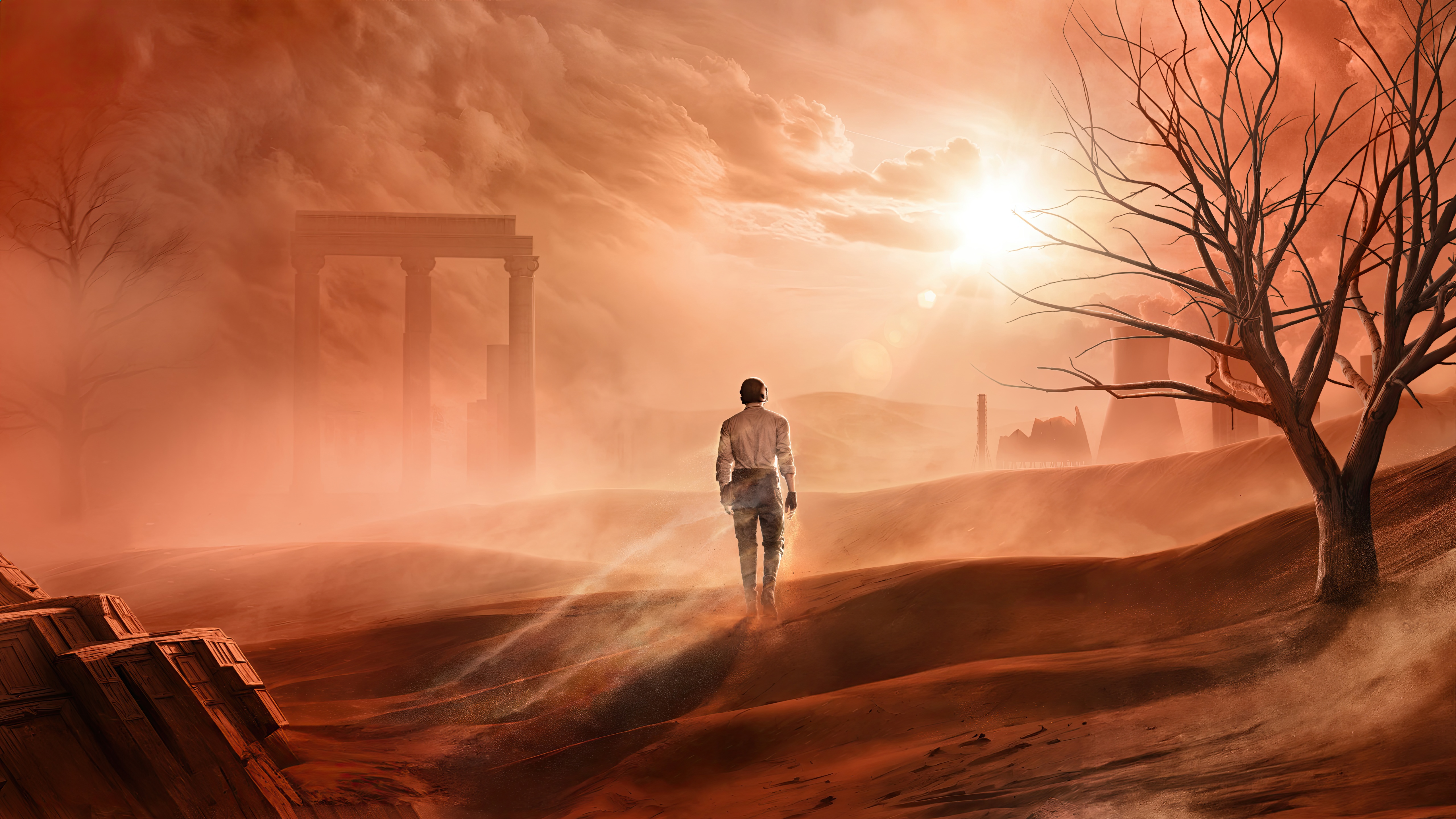 Man walking through a desert landscape with ruins HD Wallpaper