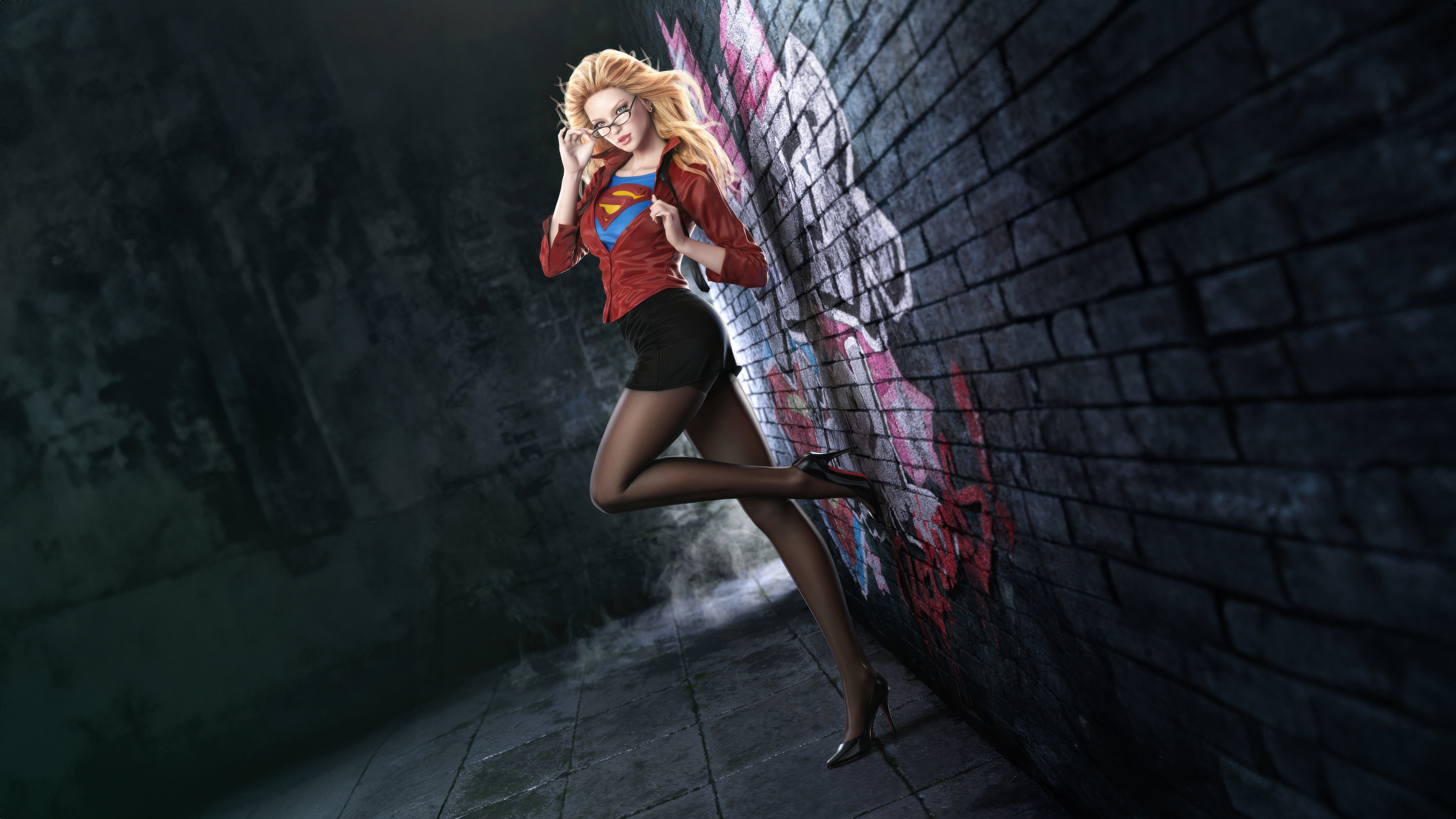 Supergirl in a red jacket and black skirt HD Wallpaper