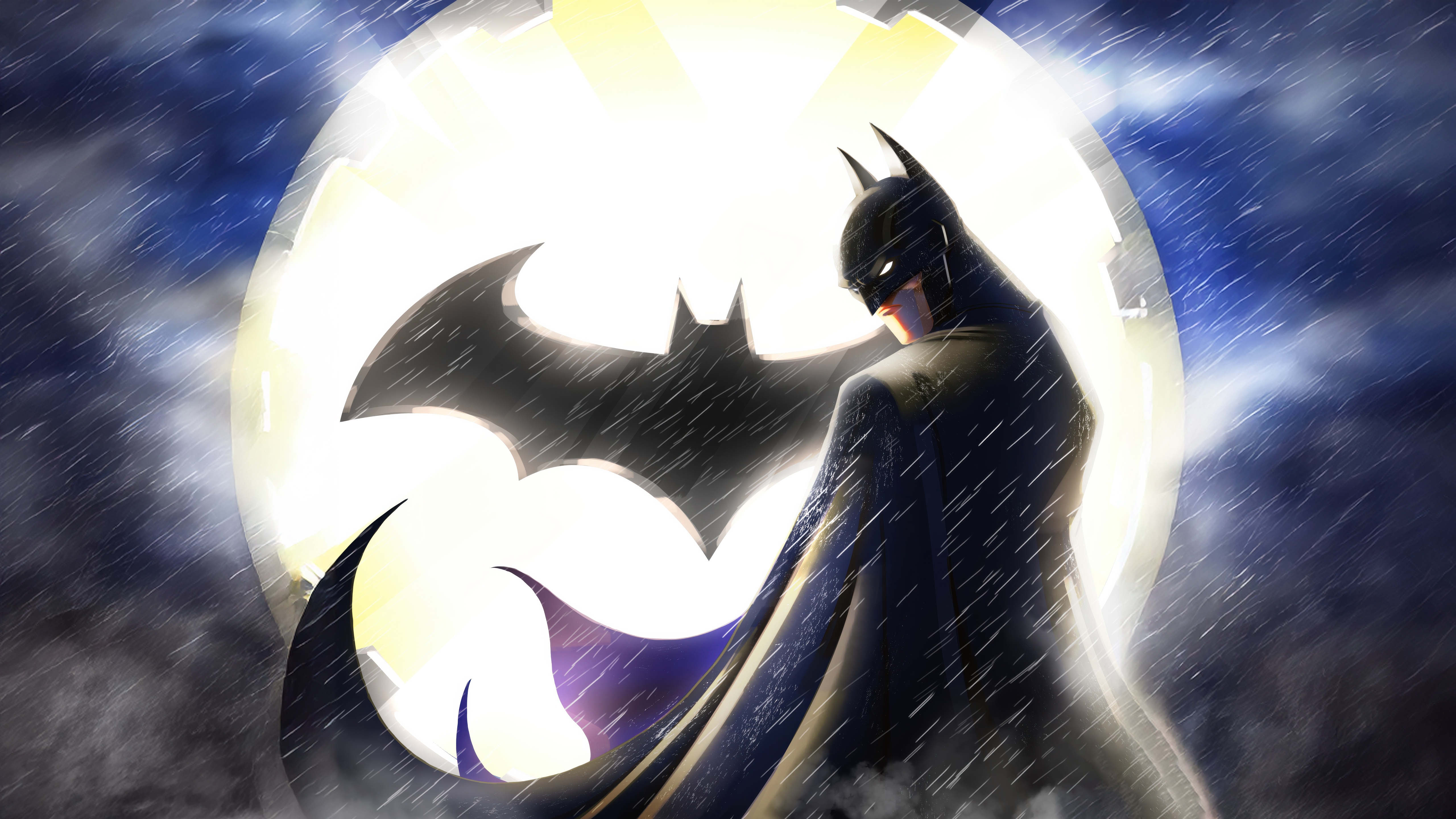 Batman in front of the Bat-Signal during a rainstorm HD Wallpaper