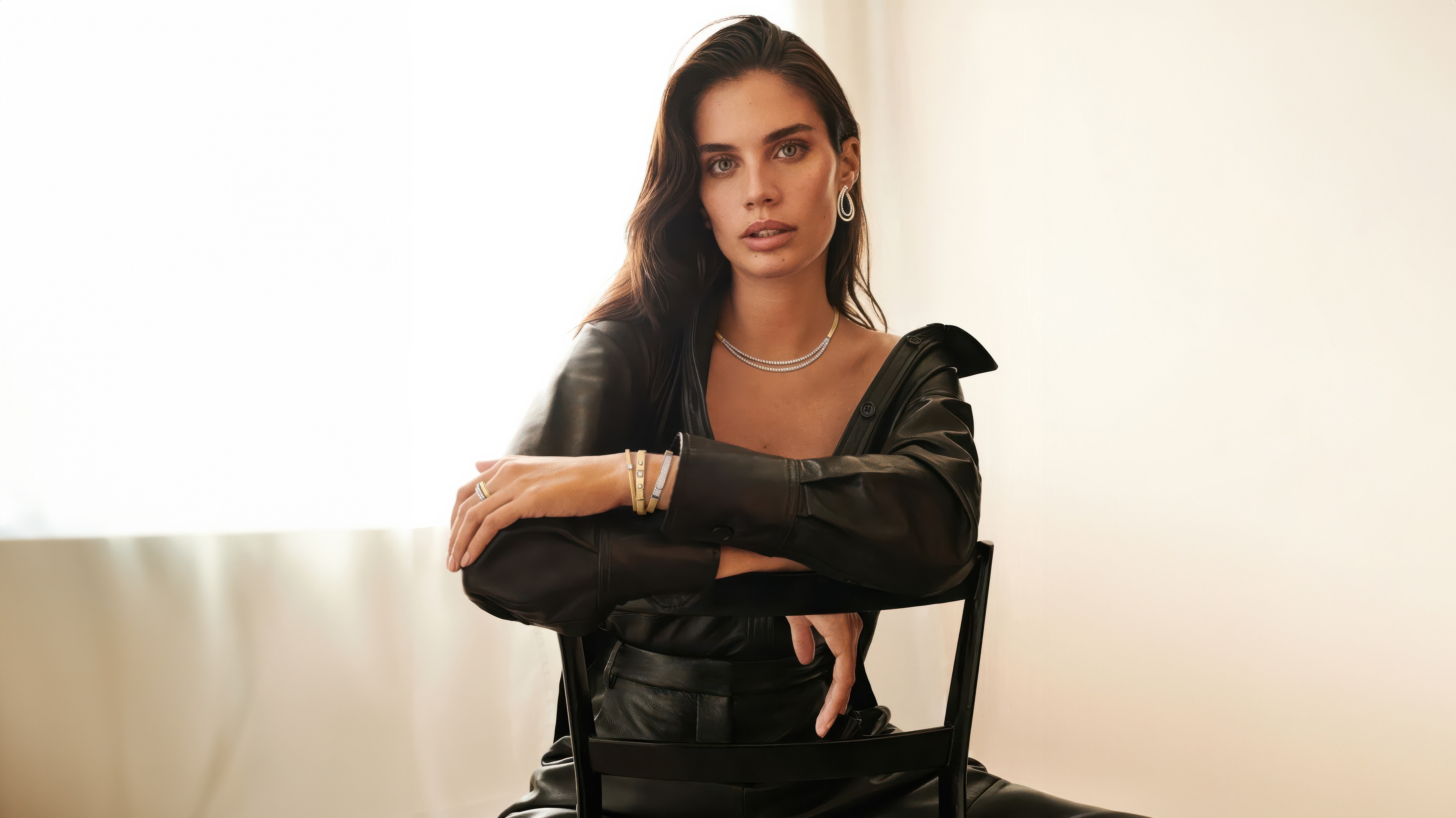 Sara Sampaio Poses in Black Leather Outfit HD Wallpaper