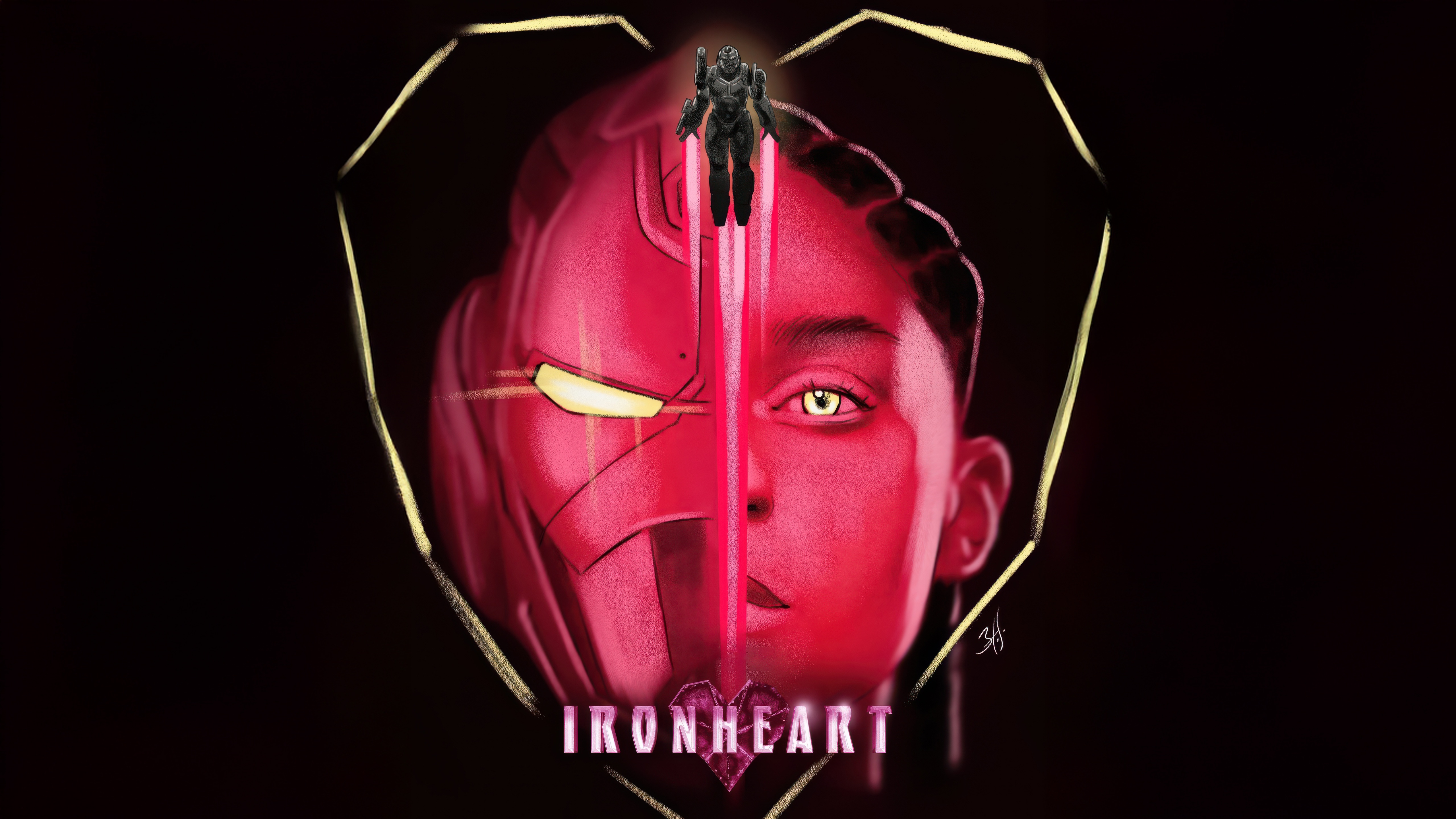 Ironheart character split with Iron Man mask and face HD Wallpaper