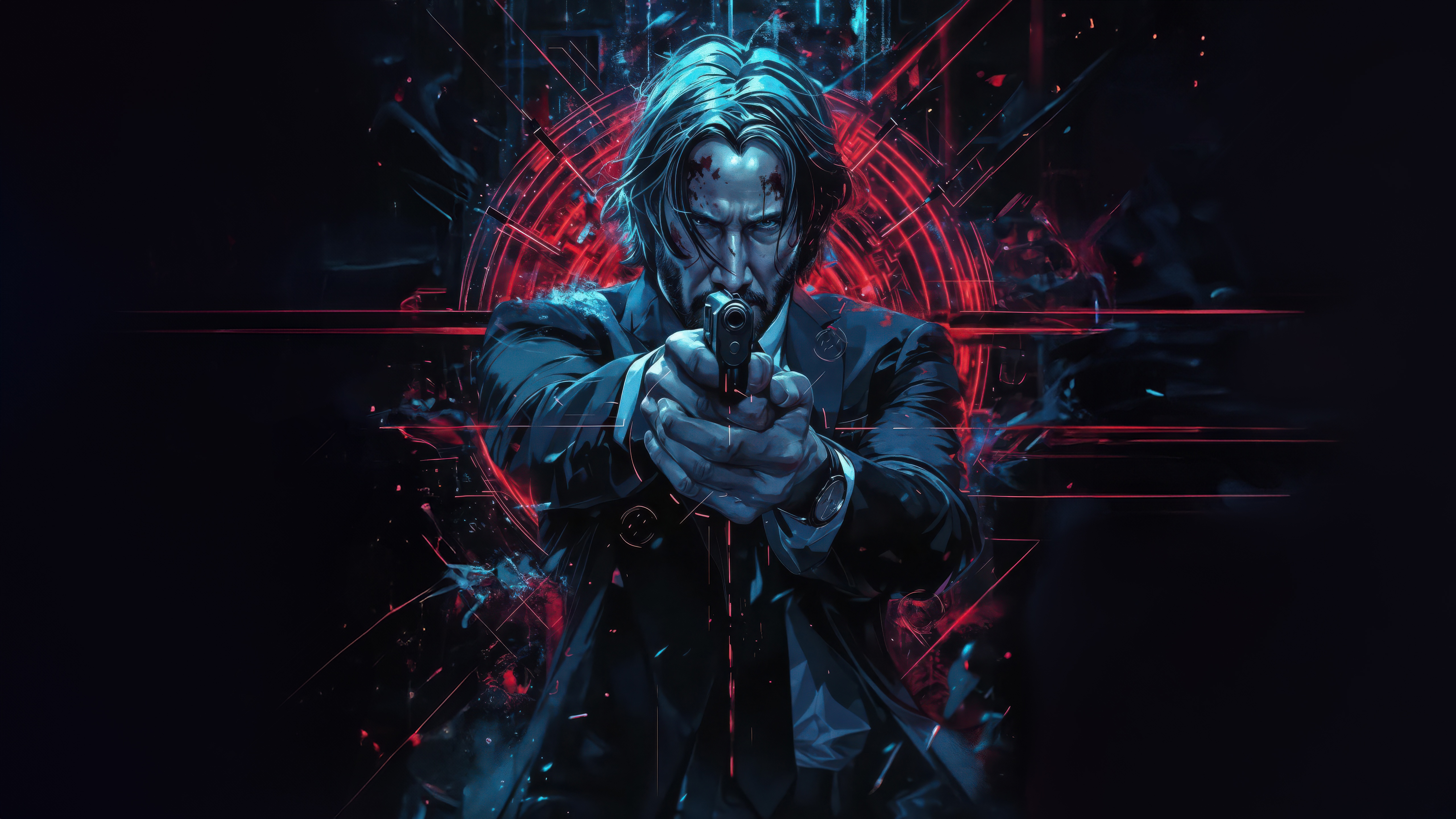 John Wick aiming a gun with red and blue abstract background HD Wallpaper