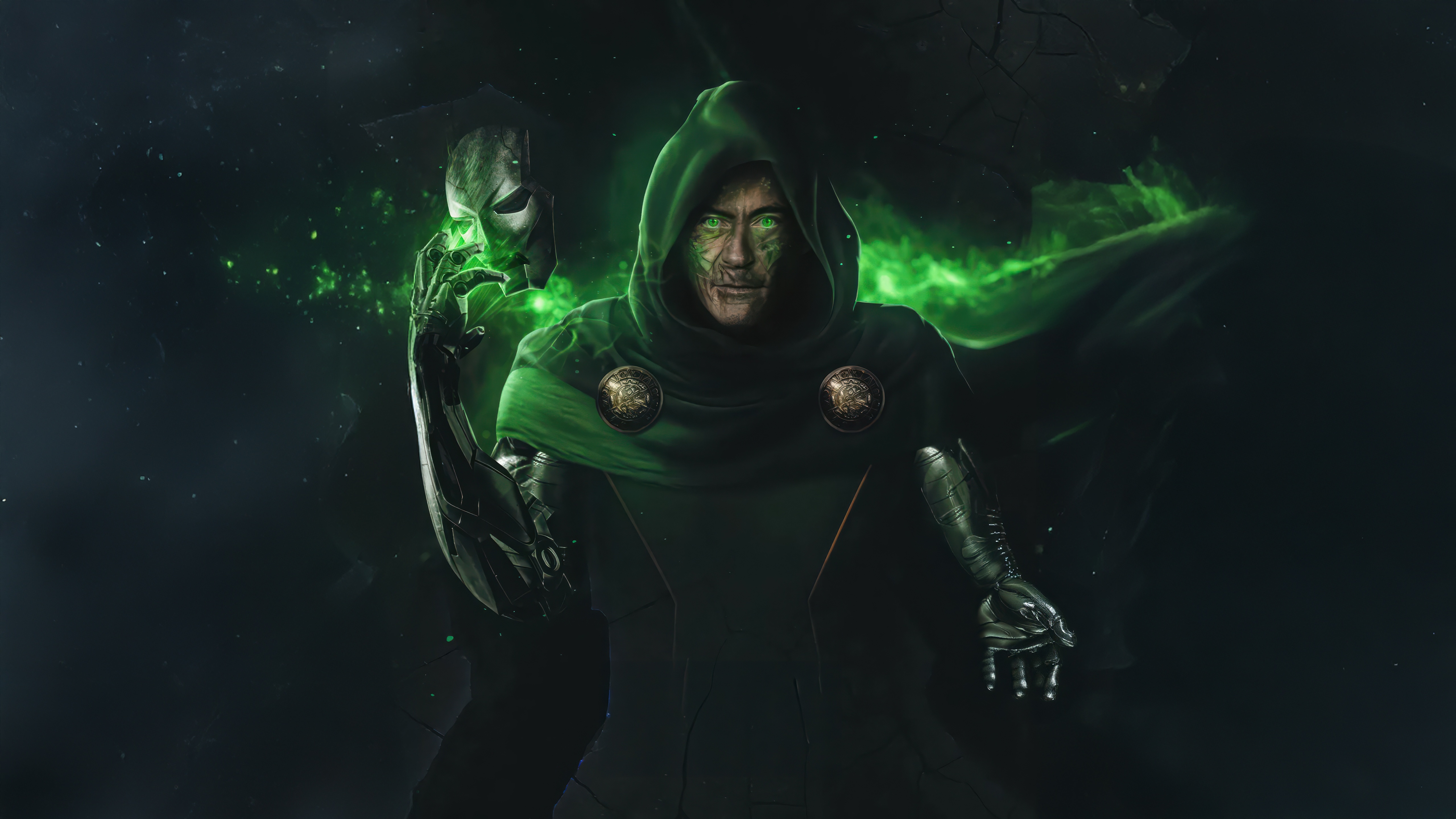 Doctor Doom holding a mask with green energy HD Wallpaper