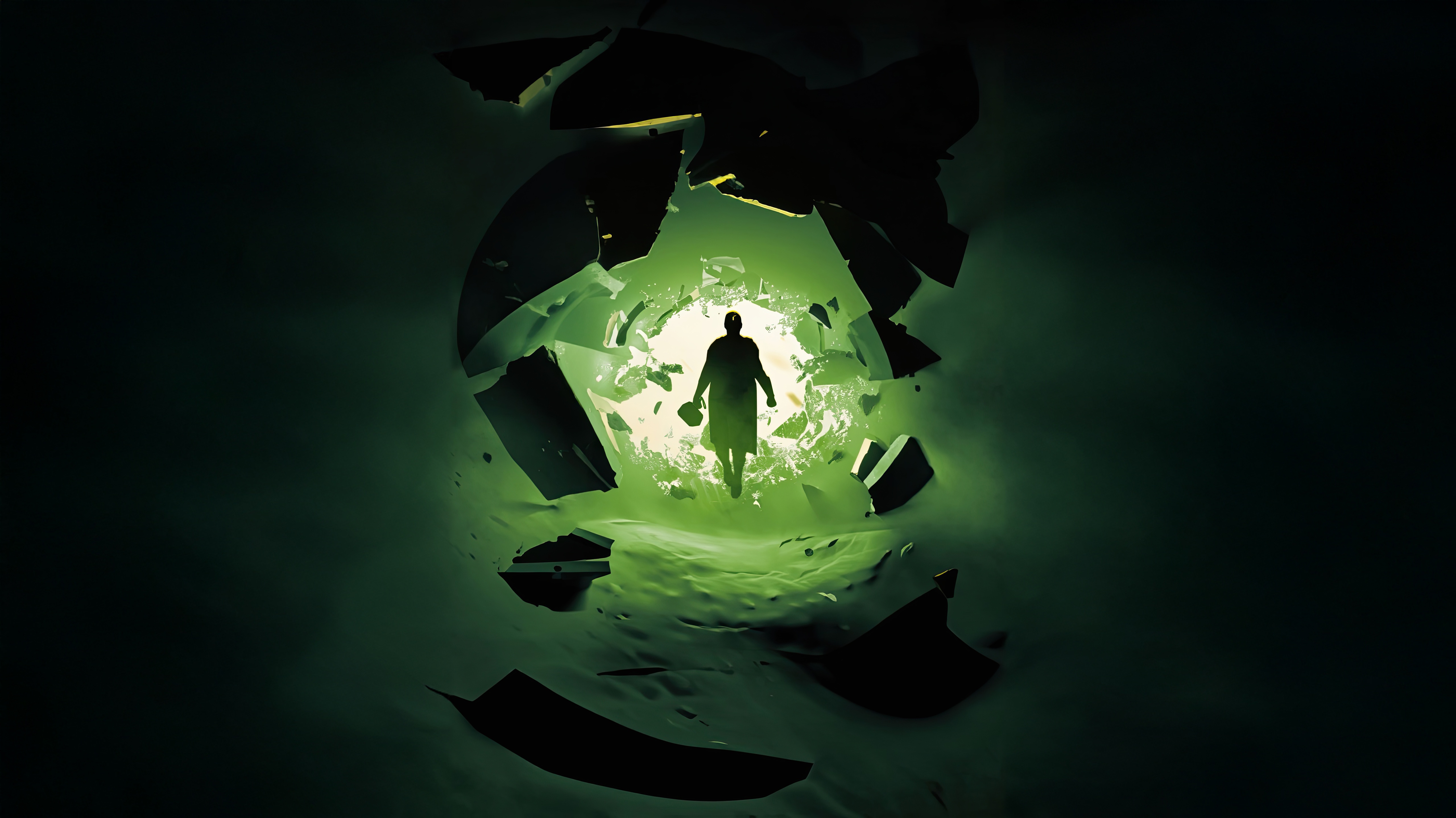 Silhouette of a person walking through a broken sphere HD Wallpaper