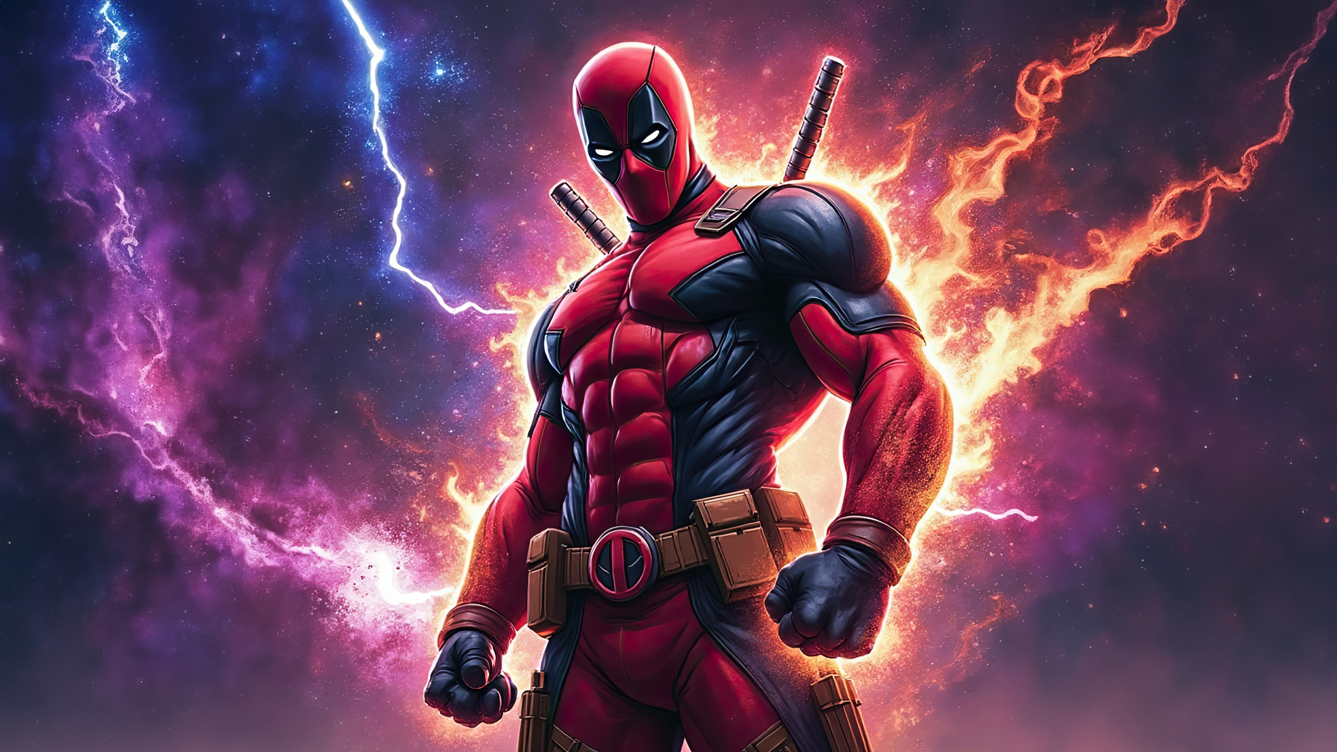 Deadpool in a Cosmic Background with Lightning and Fire HD Wallpaper