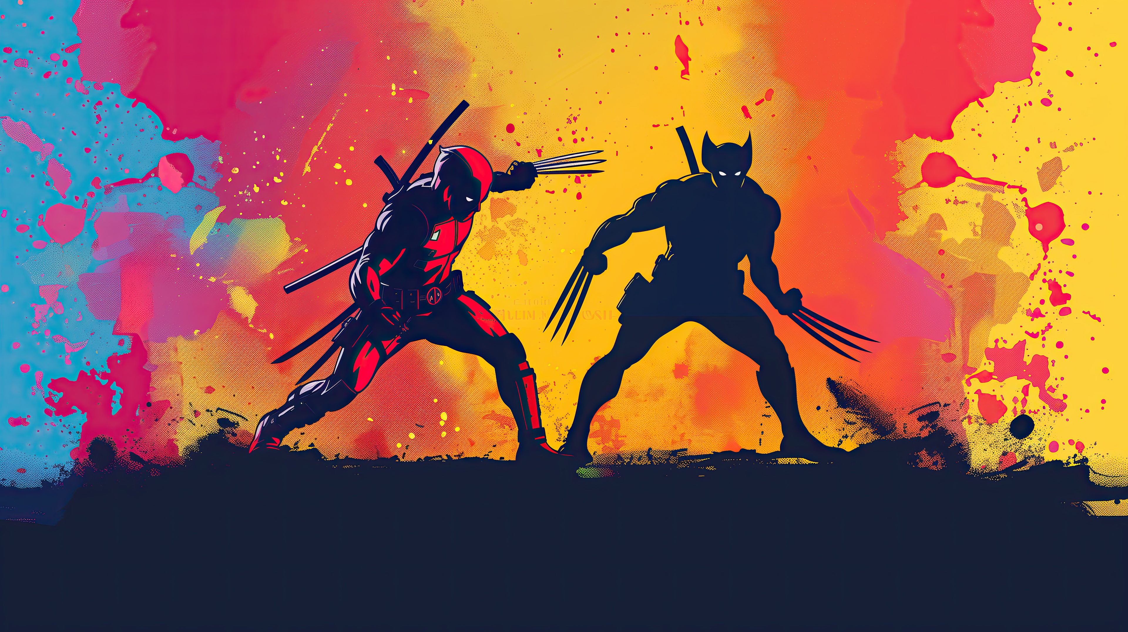 Deadpool and Wolverine clash with colorful paint splatters HD Wallpaper