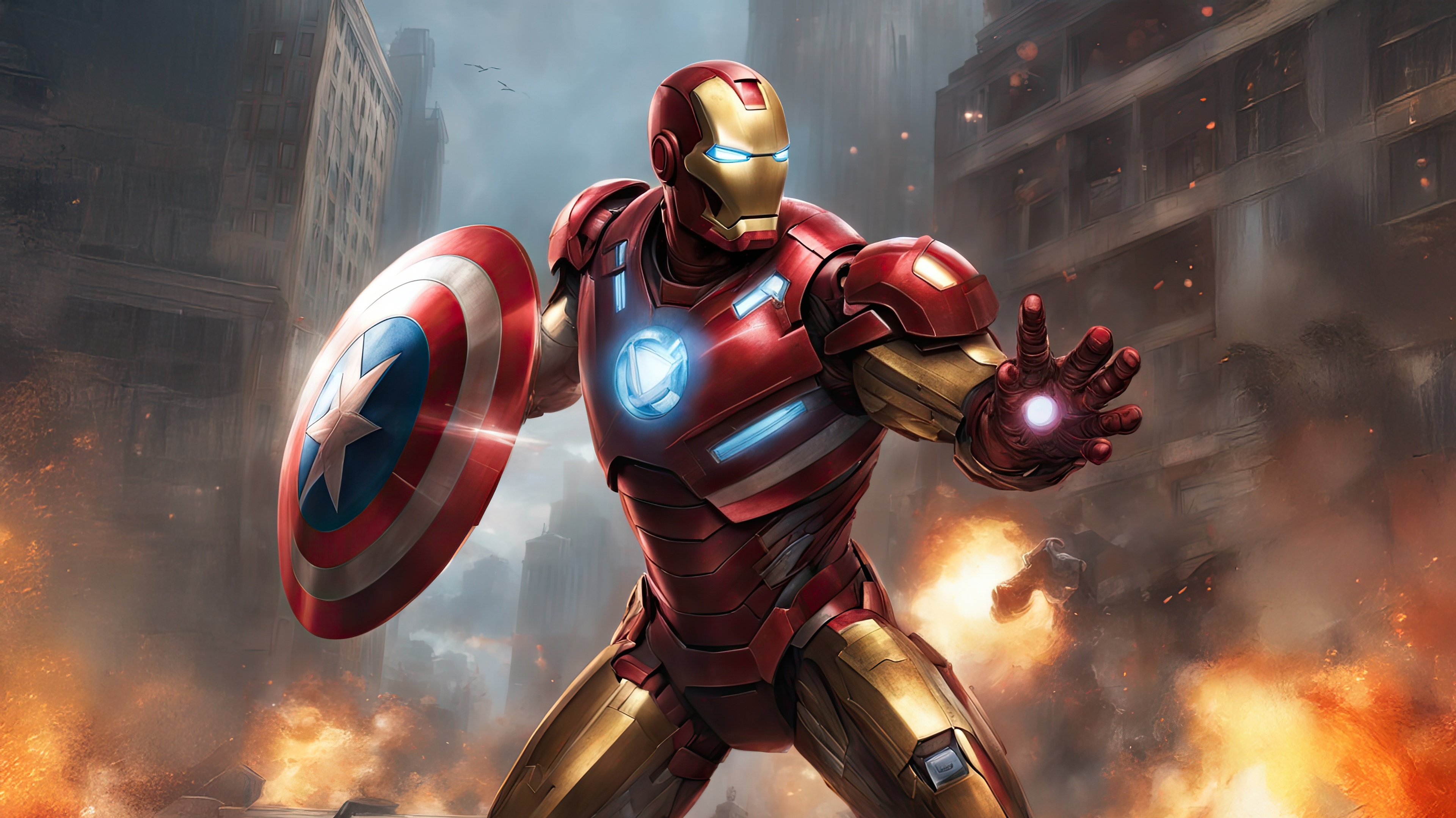 Iron Man holding Captain America's shield in a battle HD Wallpaper