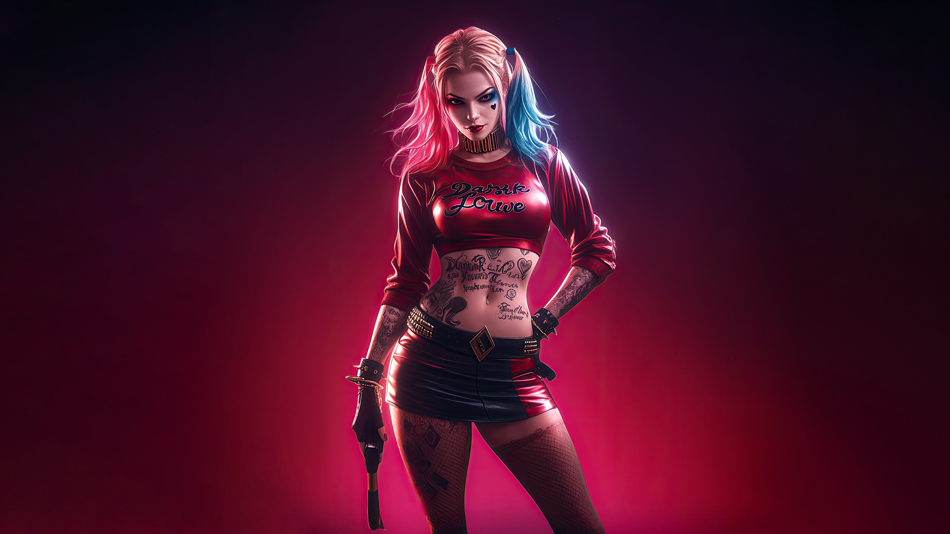 Harley Quinn with tattoos and a gun HD Wallpaper