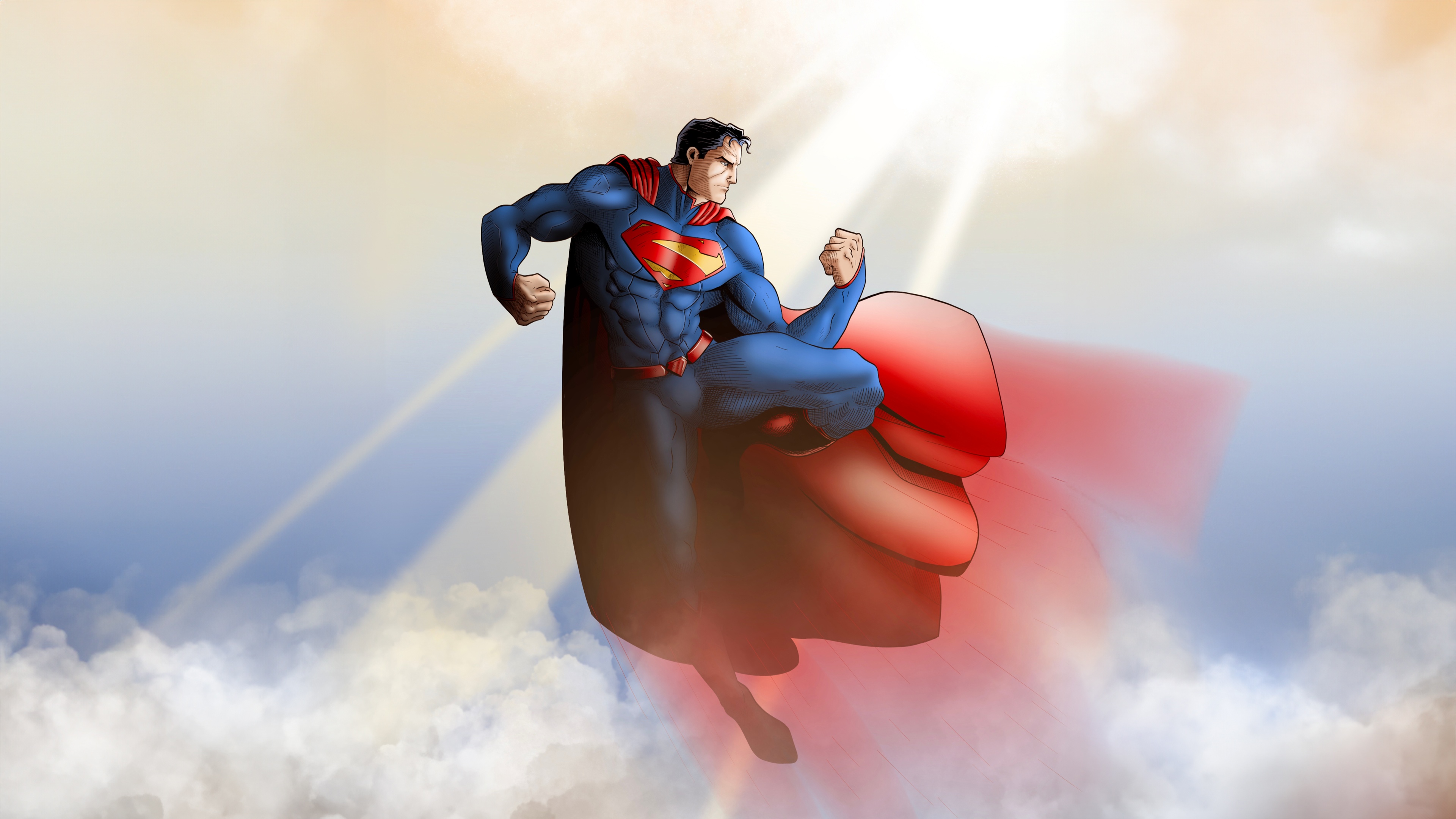 Superman flying through clouds and sunbeams HD Wallpaper