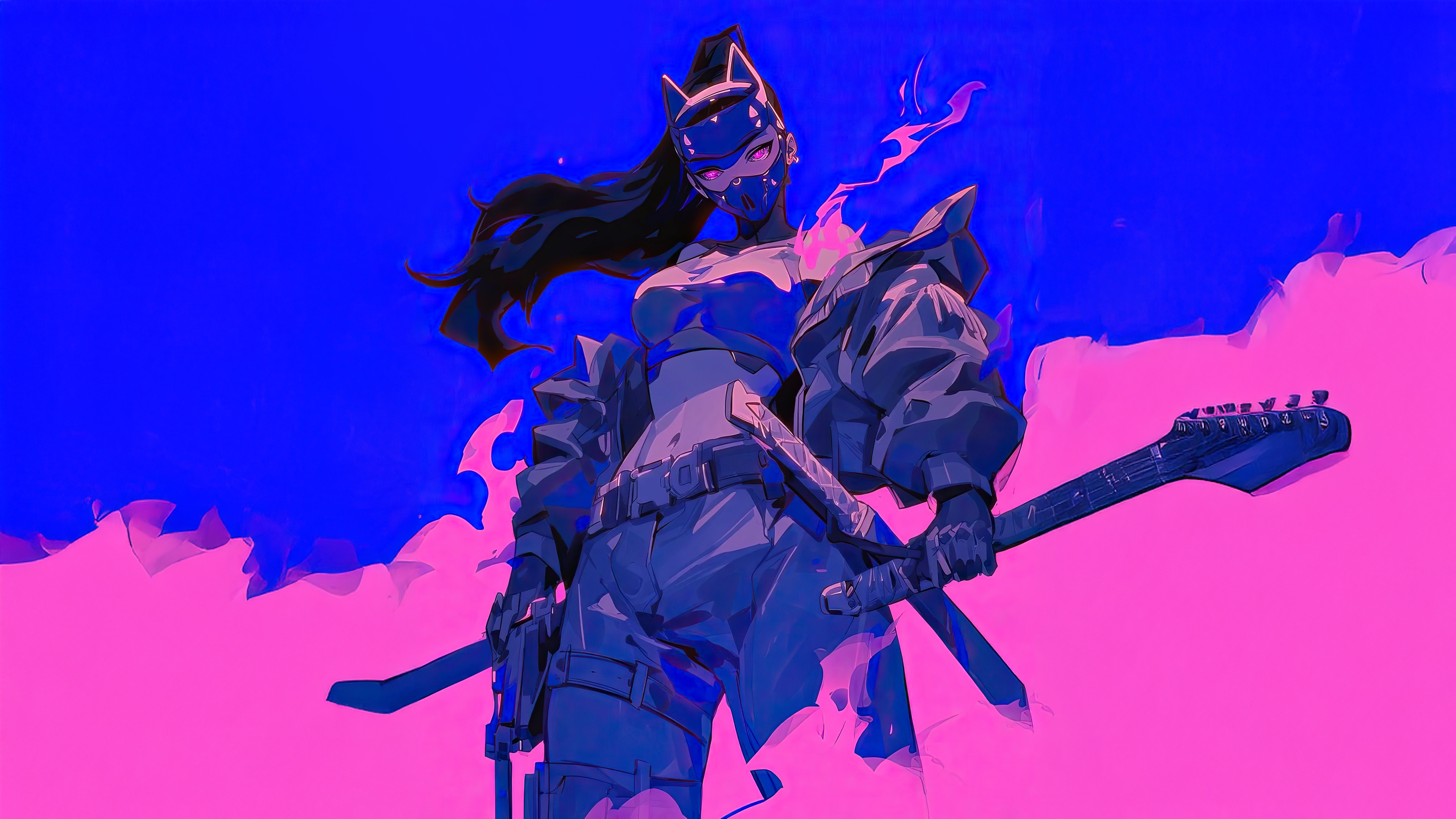 Neon Samurai Tech Warrior with Guitar and Katana HD Wallpaper