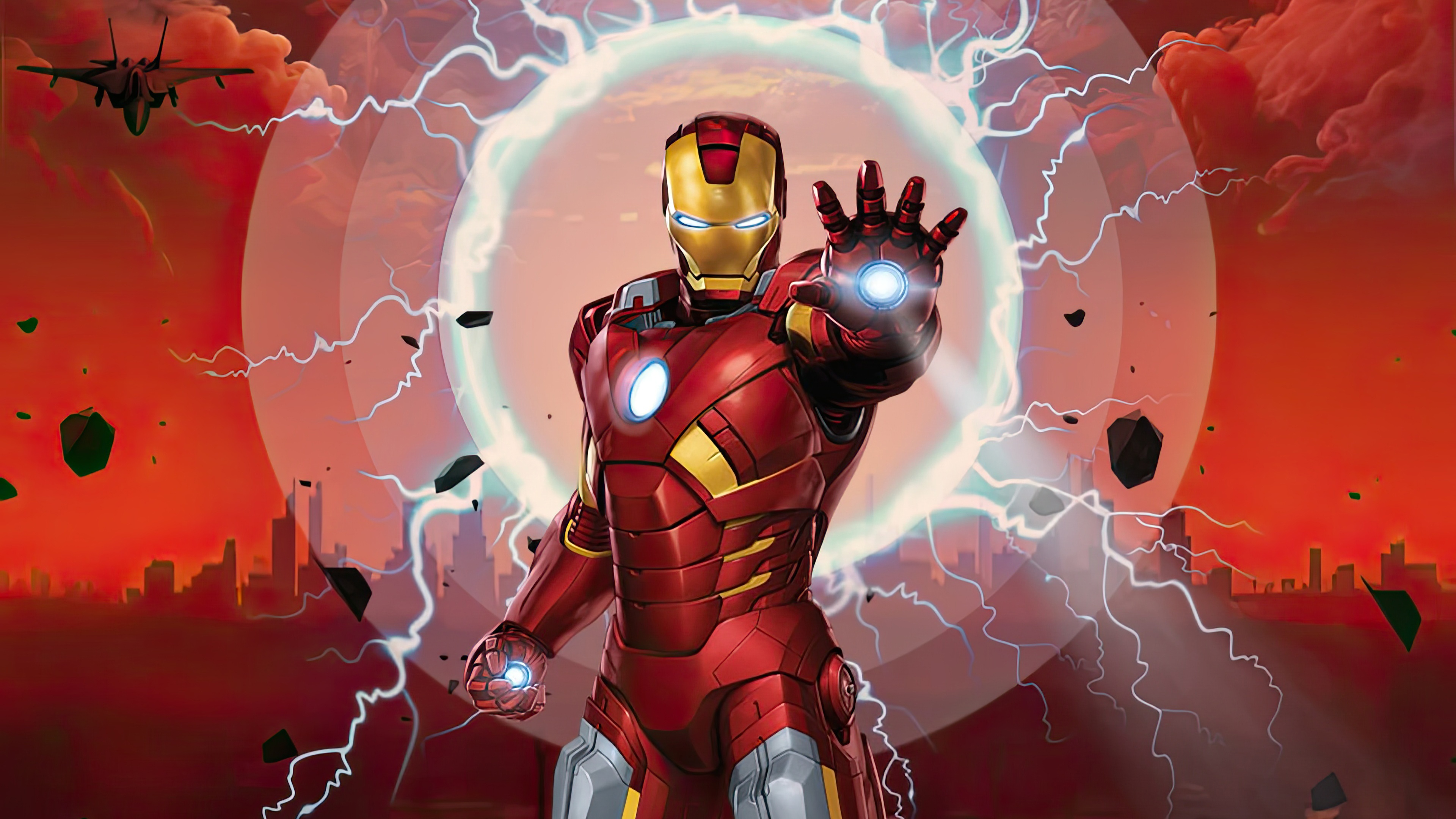Iron Man in front of a portal with lightning HD Wallpaper
