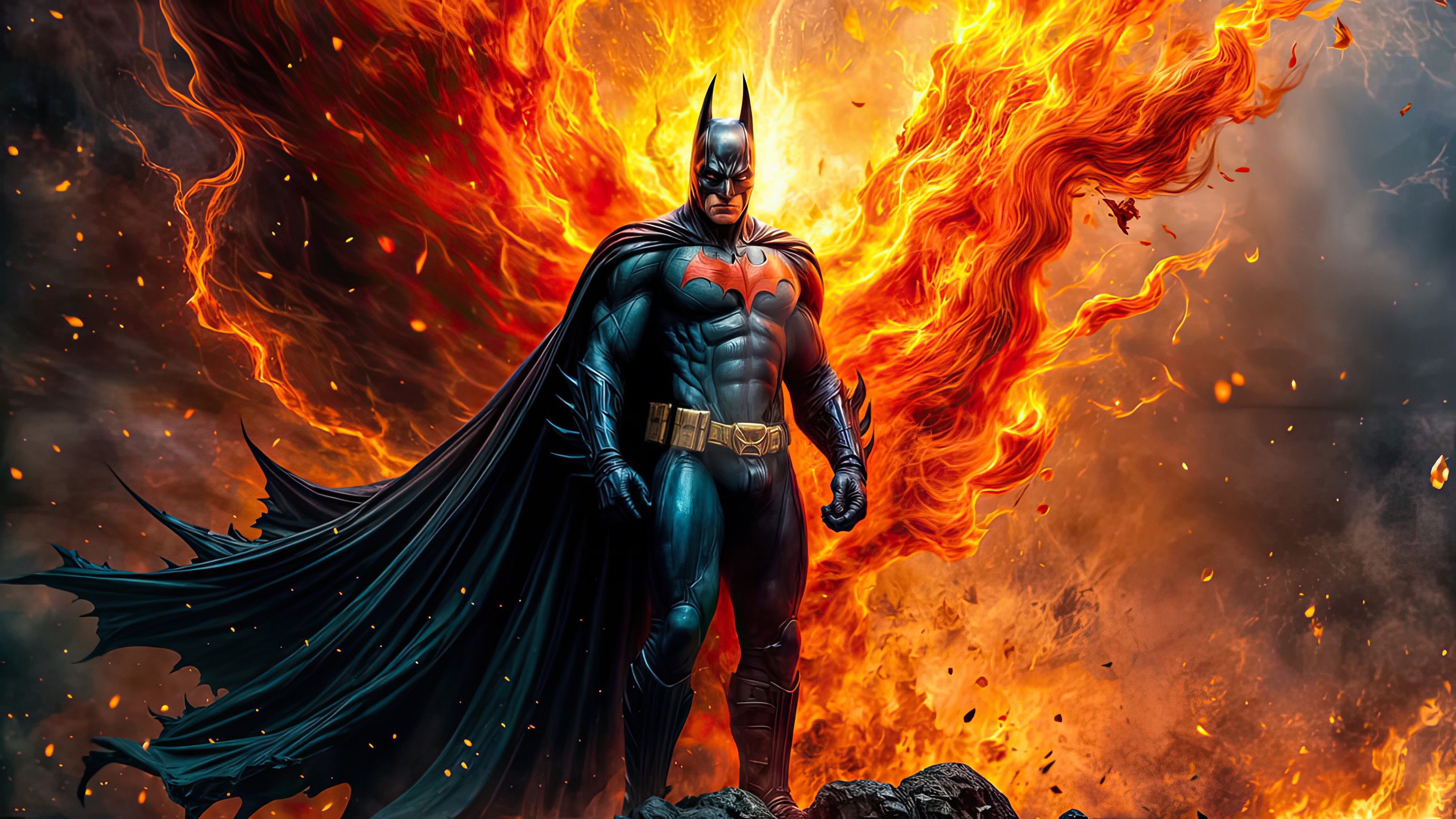 Batman Standing in Front of a Wall of Fire HD Wallpaper