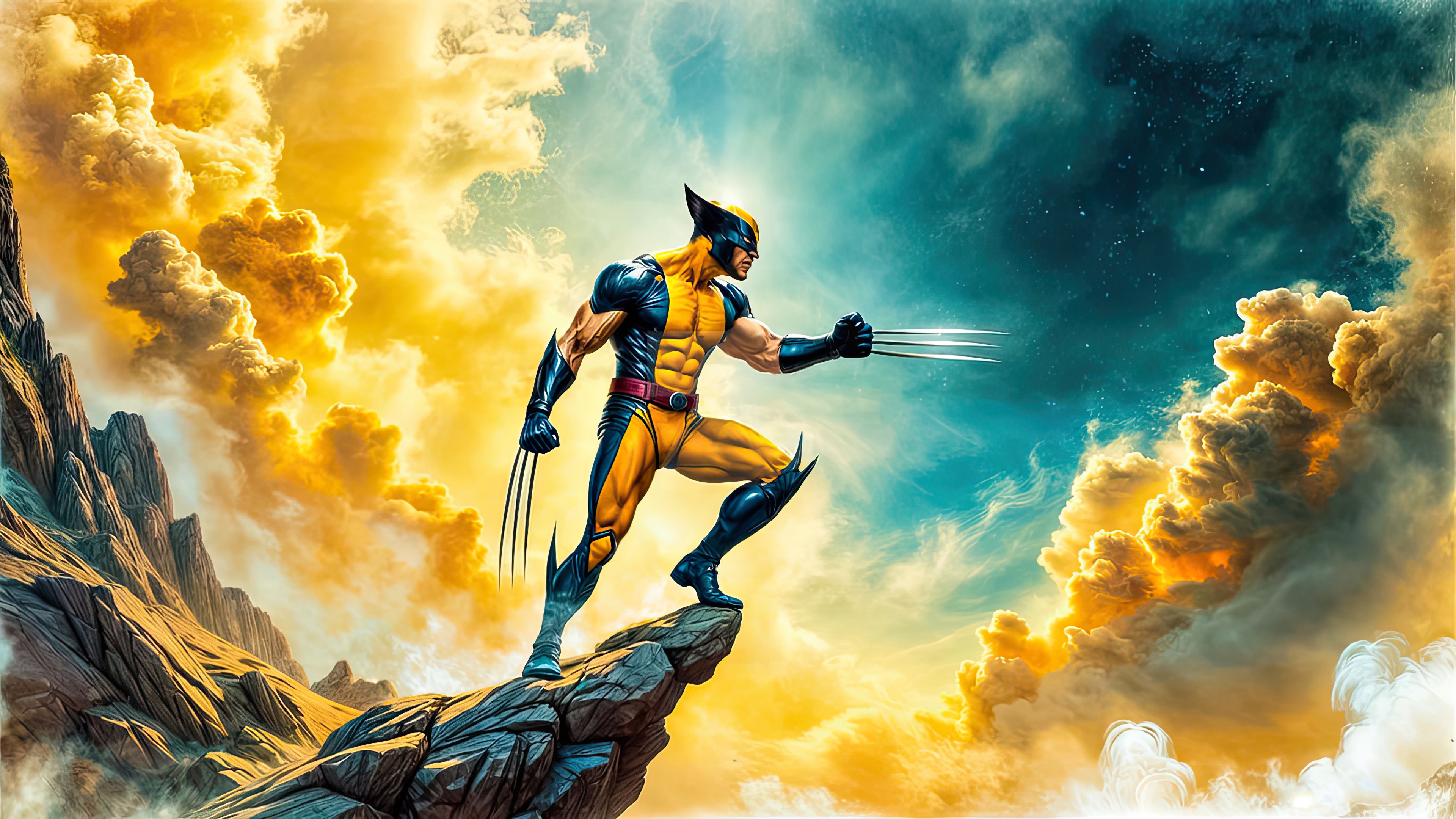 Wolverine standing on a rocky cliff with clouds HD Wallpaper