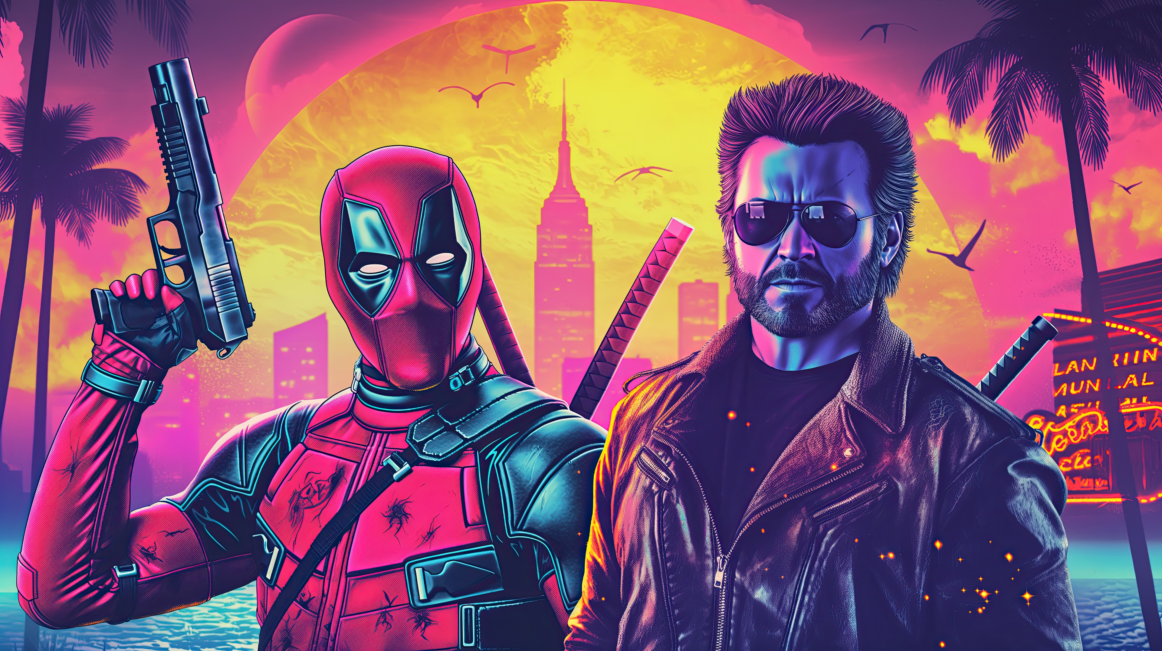 Deadpool and Wolverine in a Synthwave City HD Wallpaper
