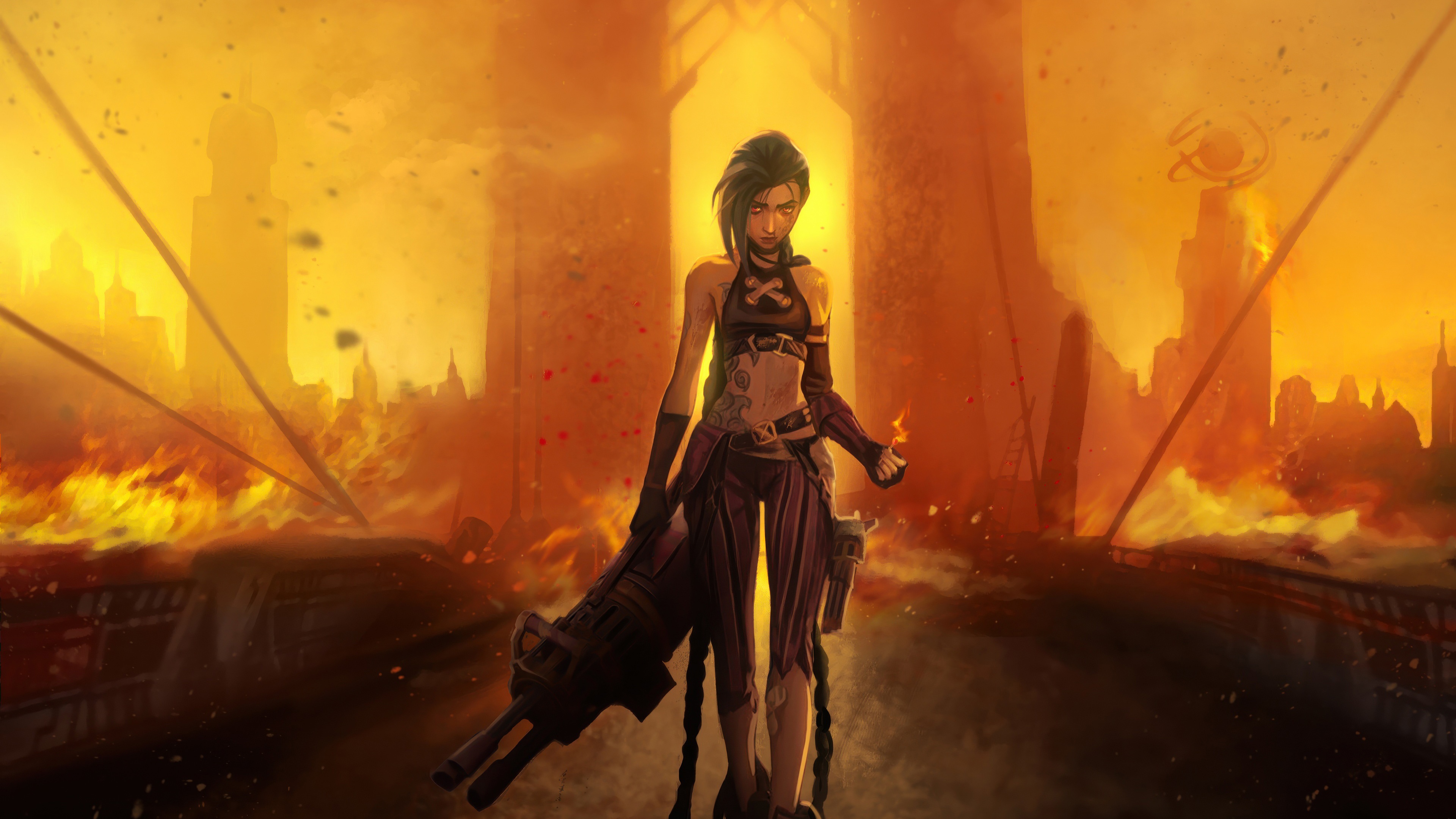 Jinx from Arcane in a burning city HD Wallpaper