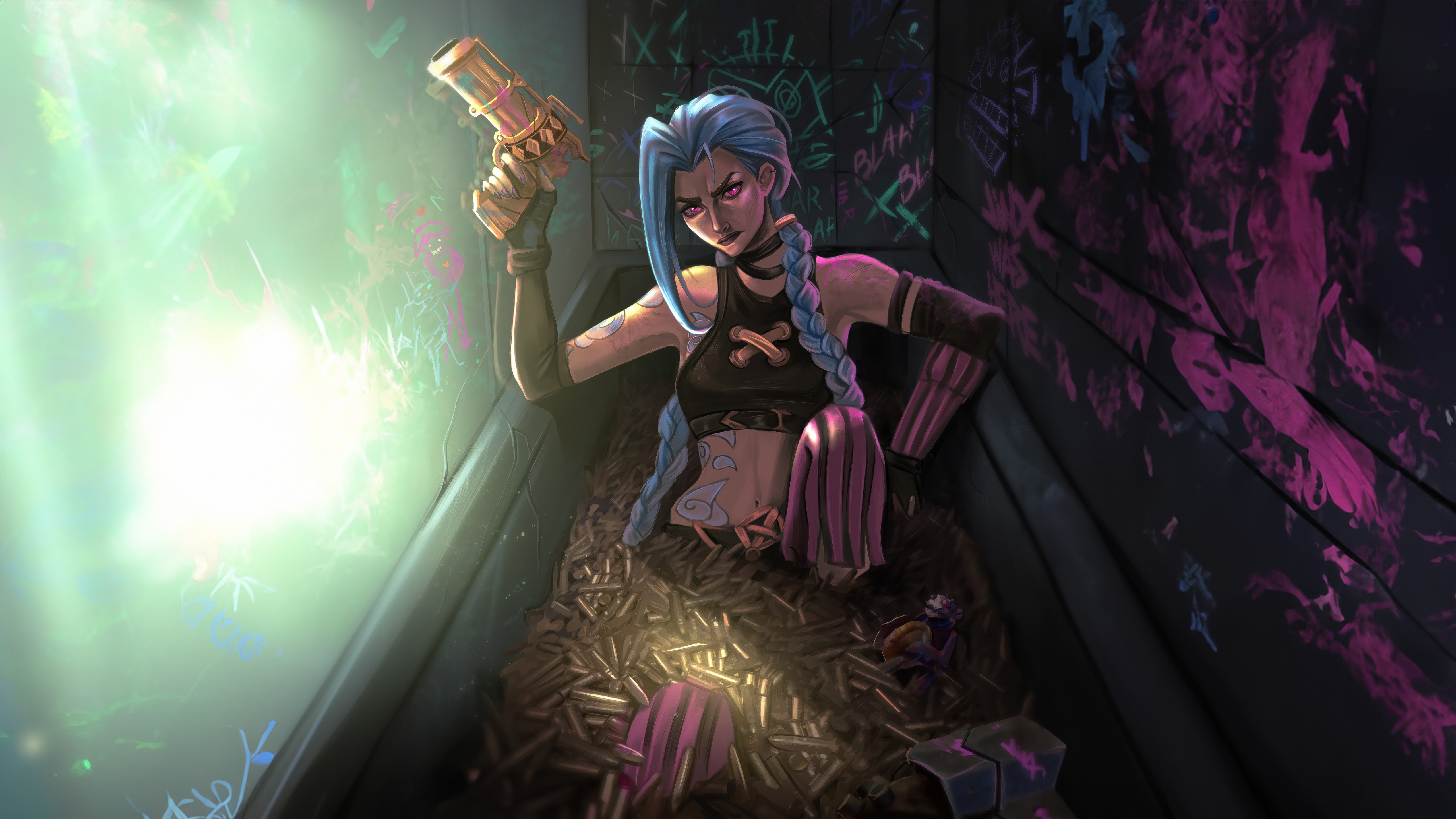 Jinx from Arcane sitting in a pile of bullets HD Wallpaper