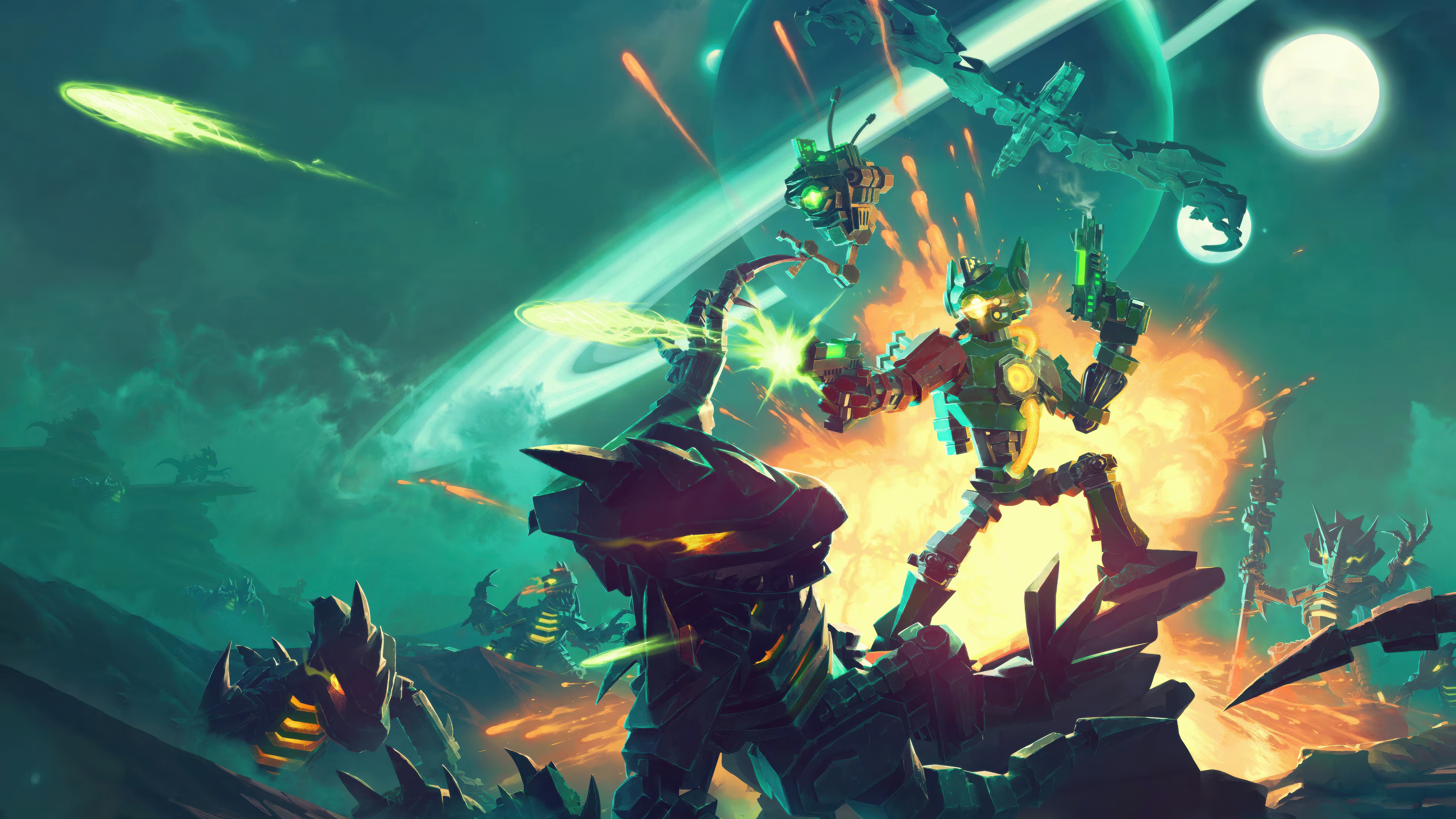 Akimbot robots fighting on an alien planet HD Wallpaper