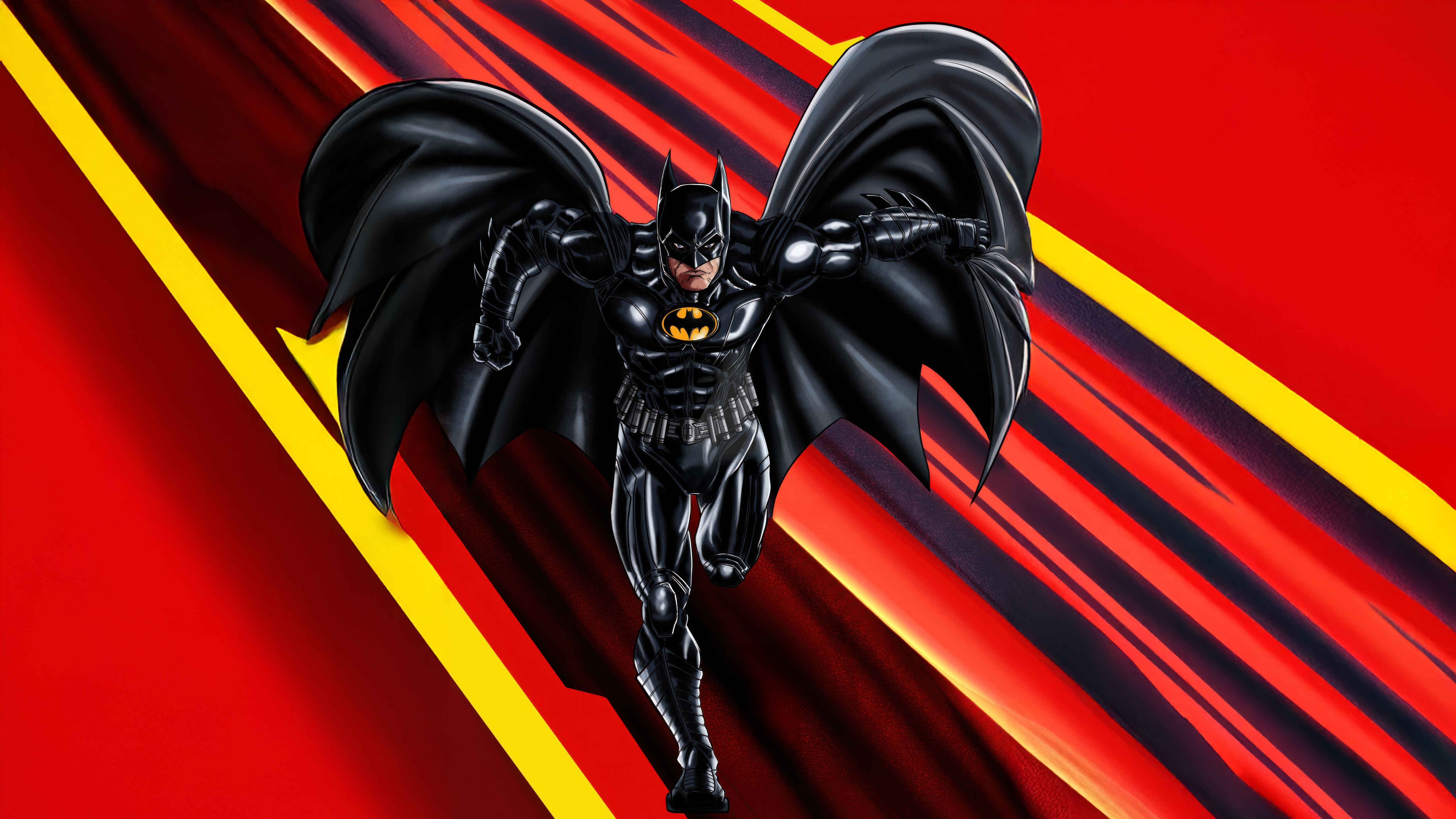 Batman in a black suit with a yellow emblem HD Wallpaper