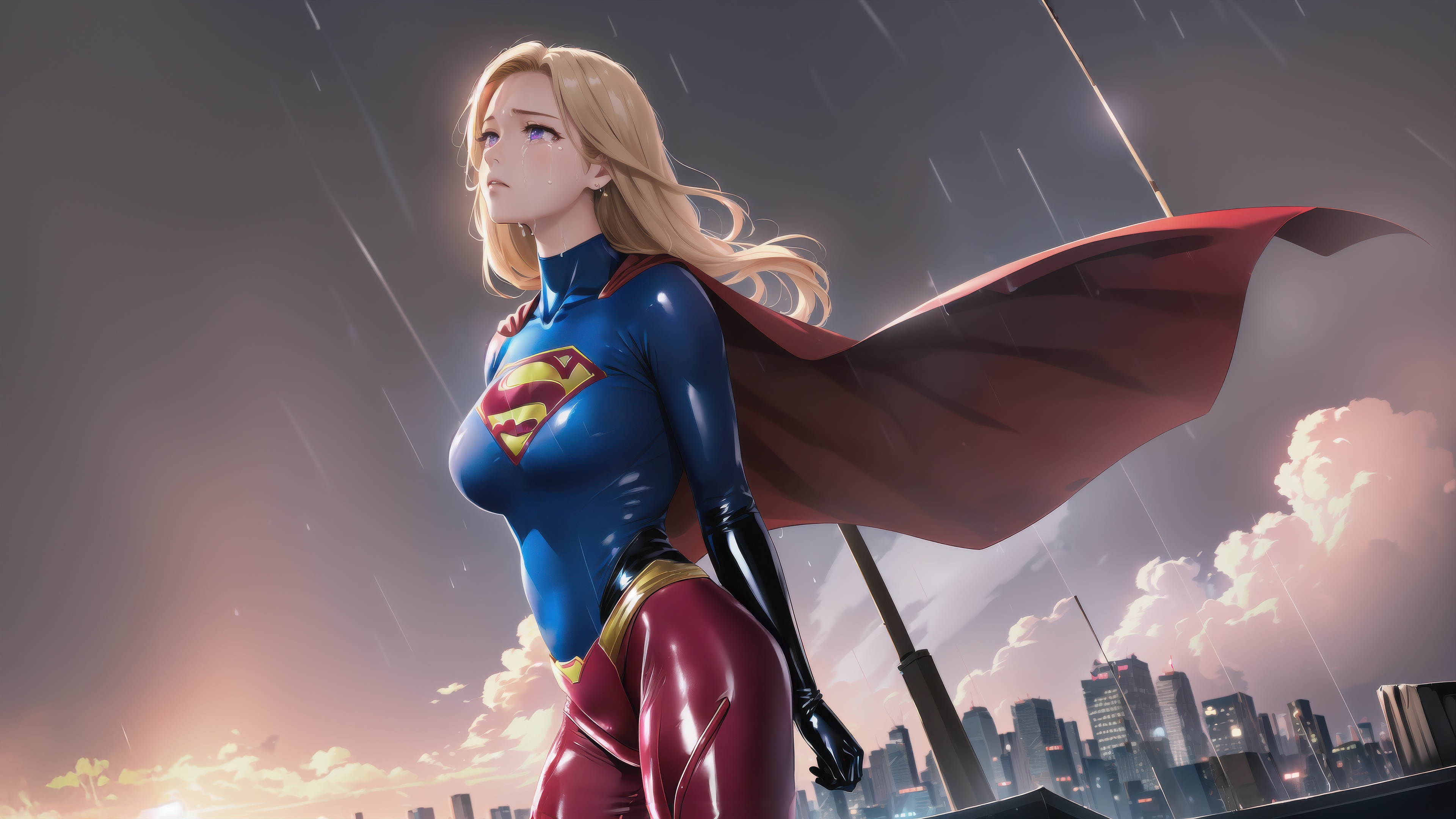 Supergirl standing on a rooftop in the rain HD Wallpaper