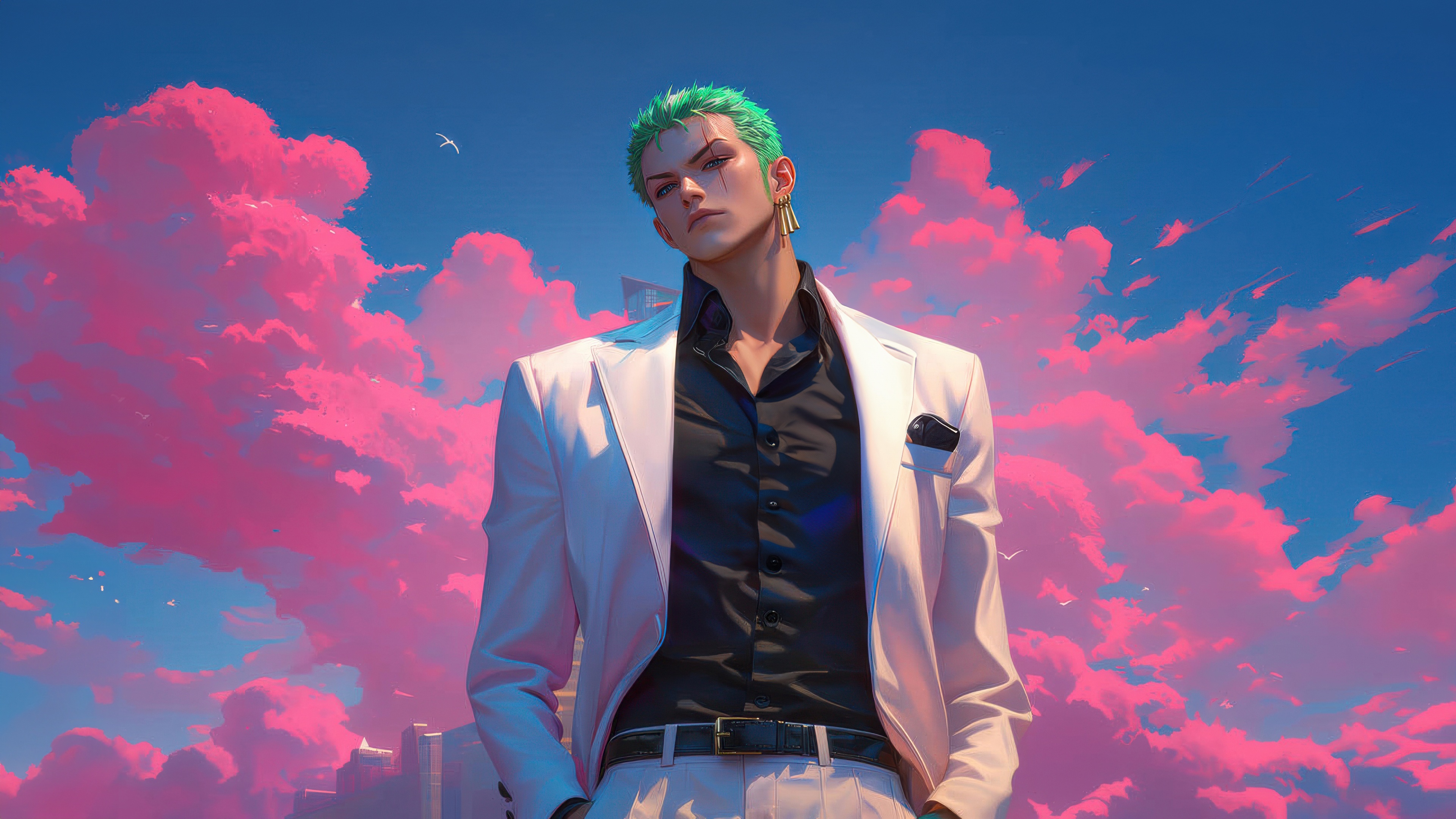 Roronoa Zoro in a white suit against pink clouds HD Wallpaper