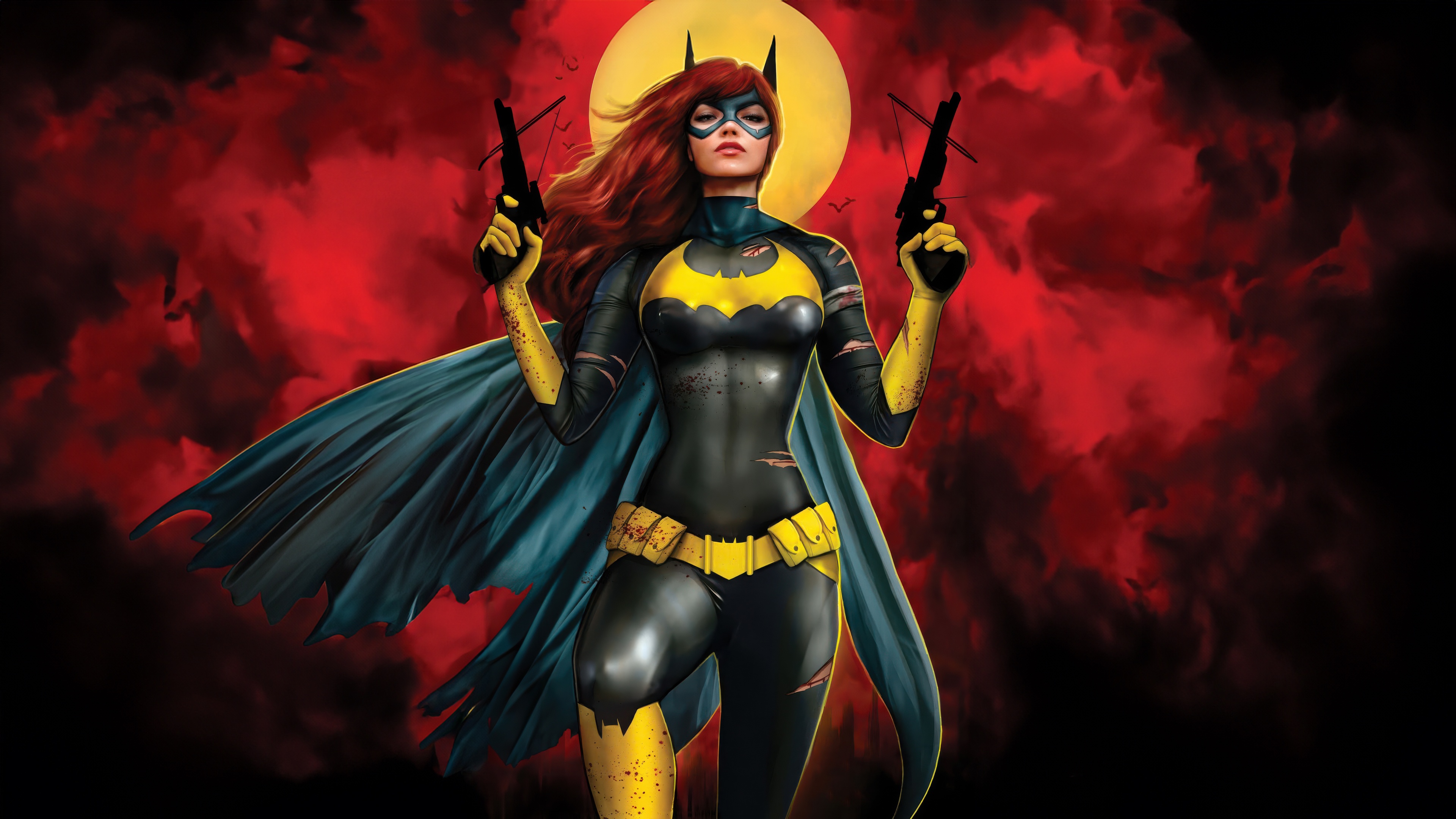 Batgirl holding two guns in front of a red moon HD Wallpaper