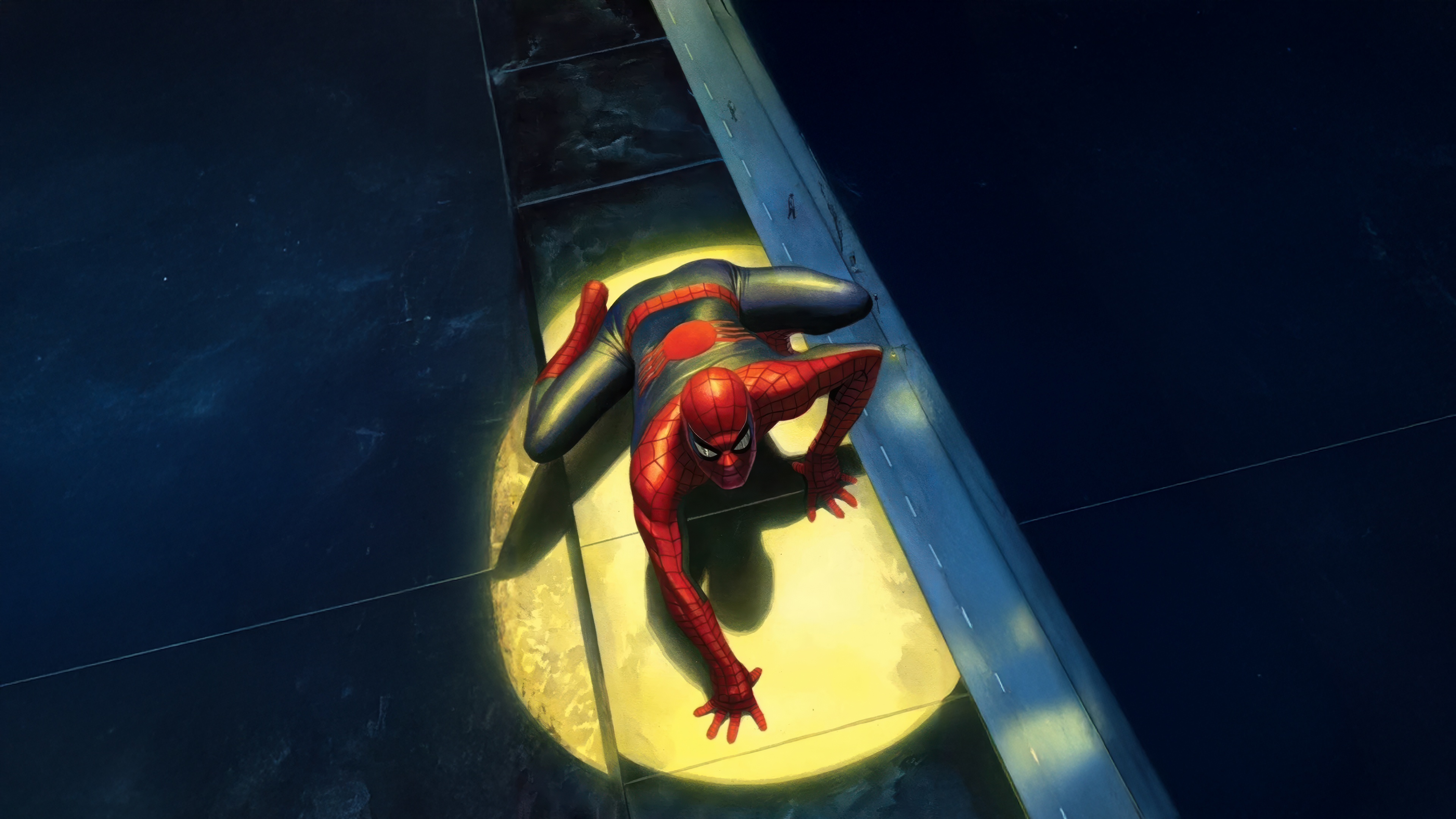 Spiderman climbing on a building at night HD Wallpaper