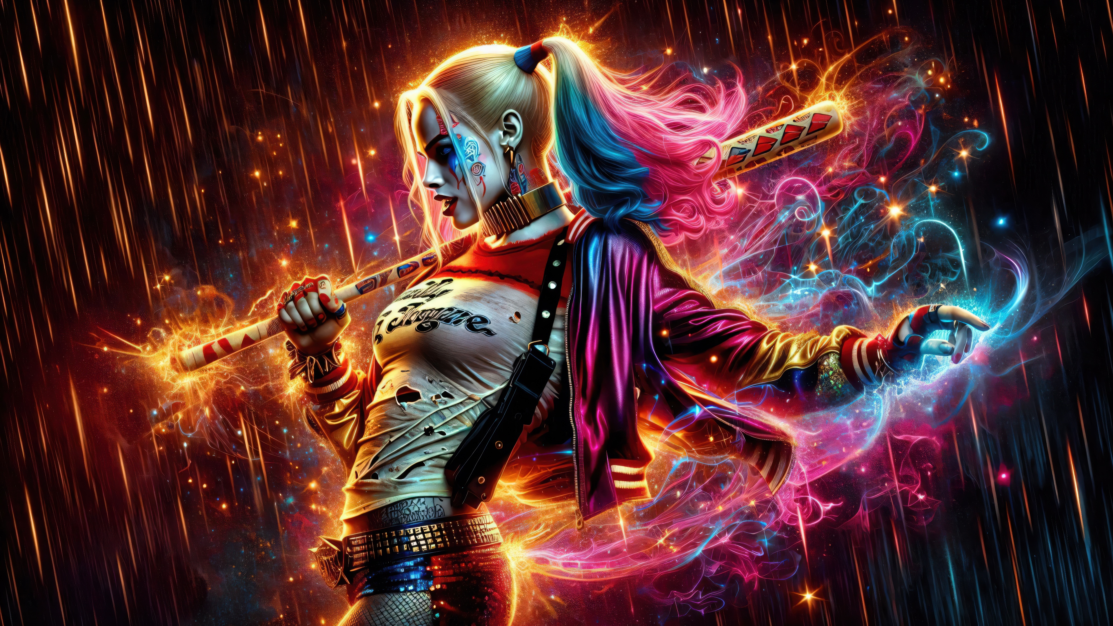 Harley Quinn with a baseball bat and colorful energy HD Wallpaper