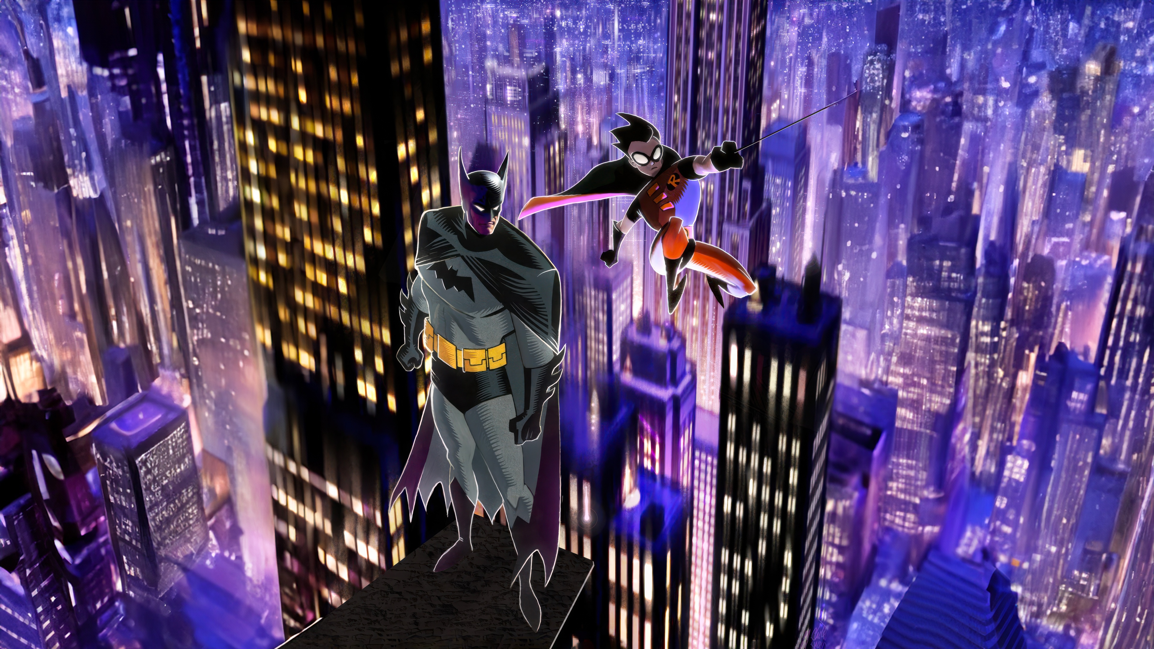 Batman and Robin overlooking a city at night HD Wallpaper