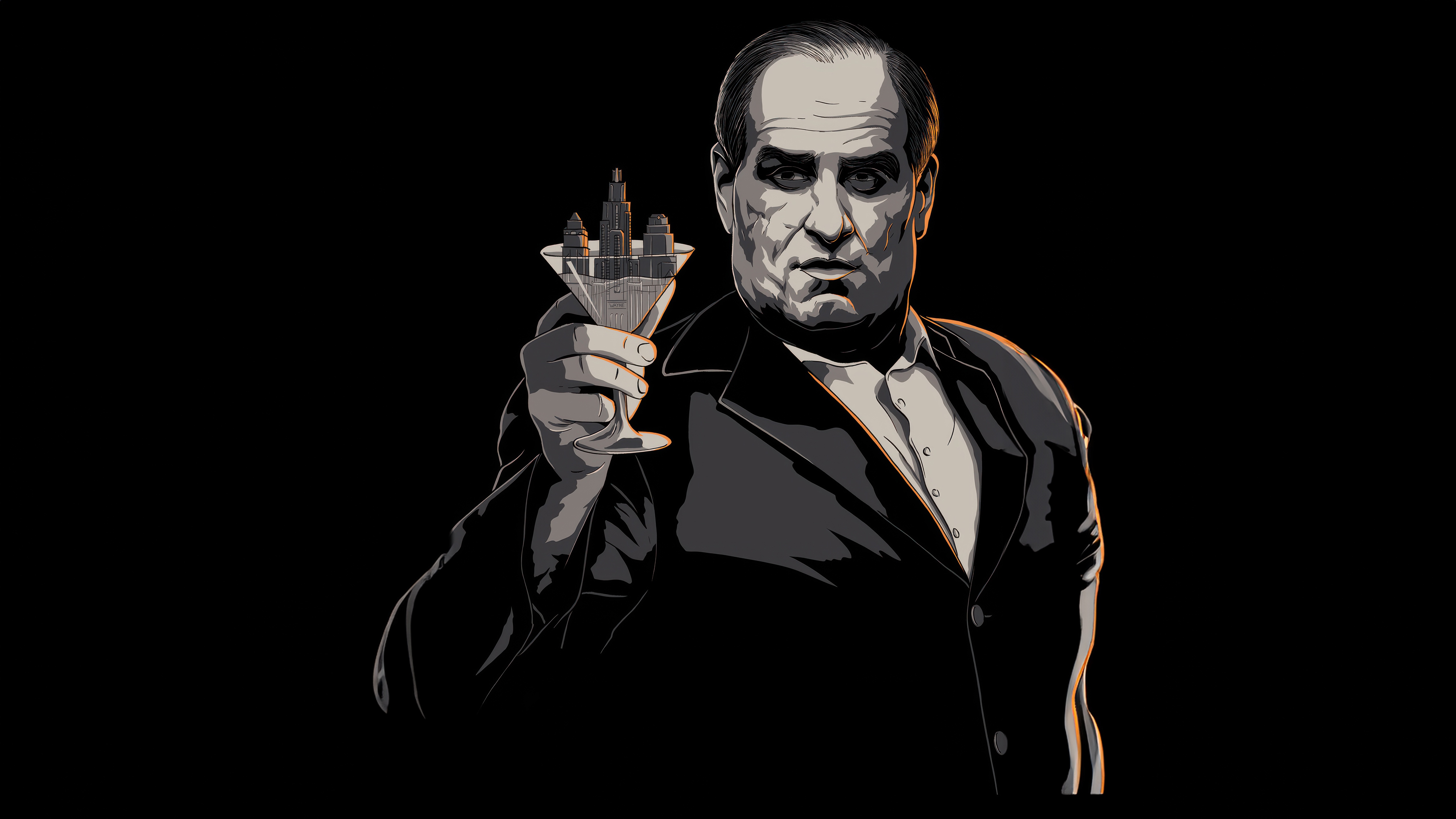 The Penguin holding a martini glass with a city skyline HD Wallpaper
