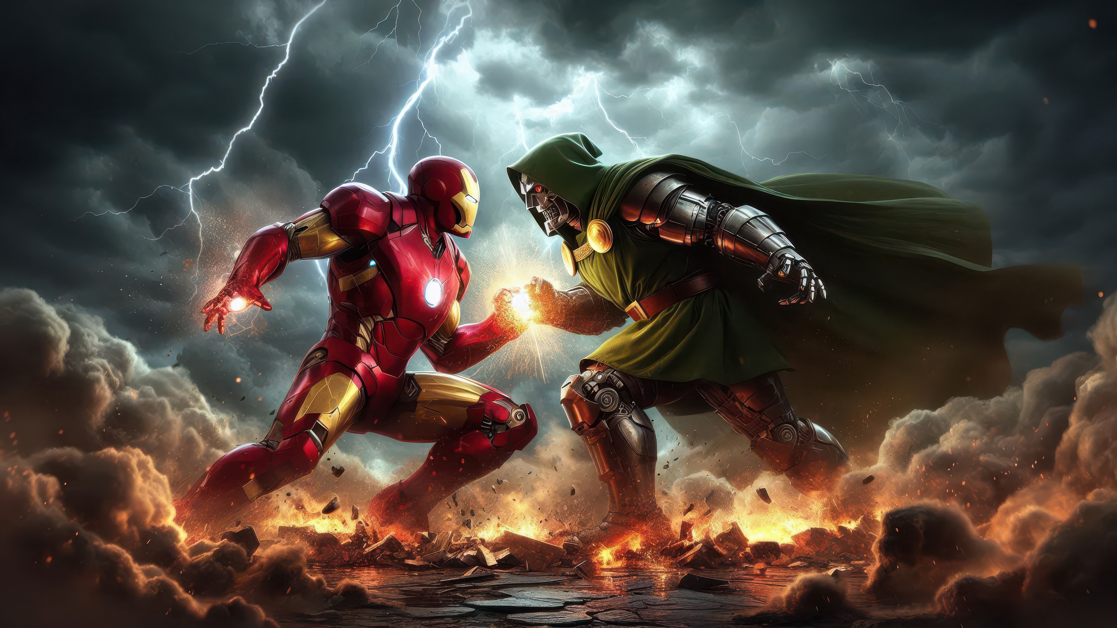 Iron Man and Doctor Doom clash amidst a storm HD Wallpaper