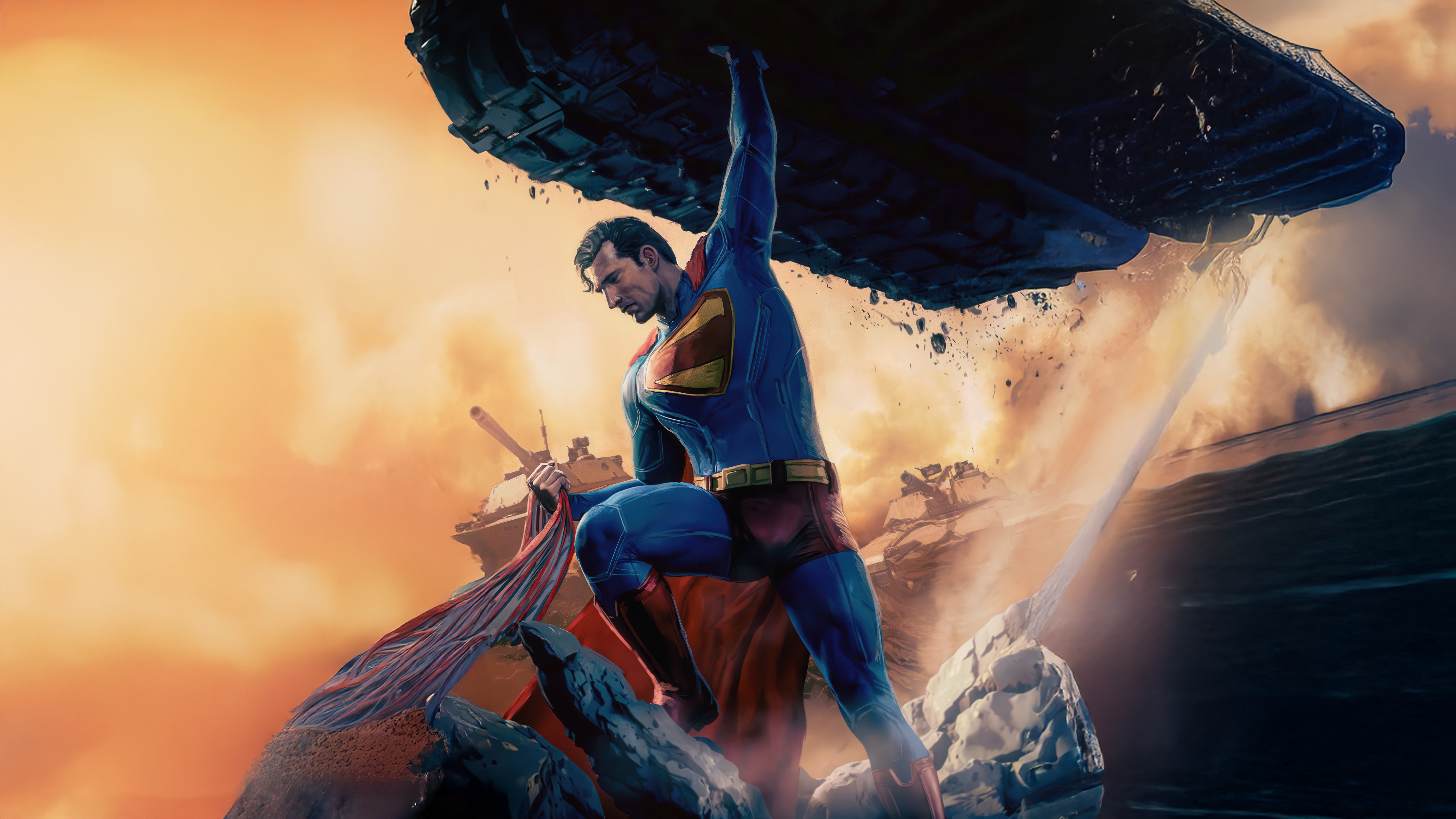 Superman lifting a large object over the ocean HD Wallpaper