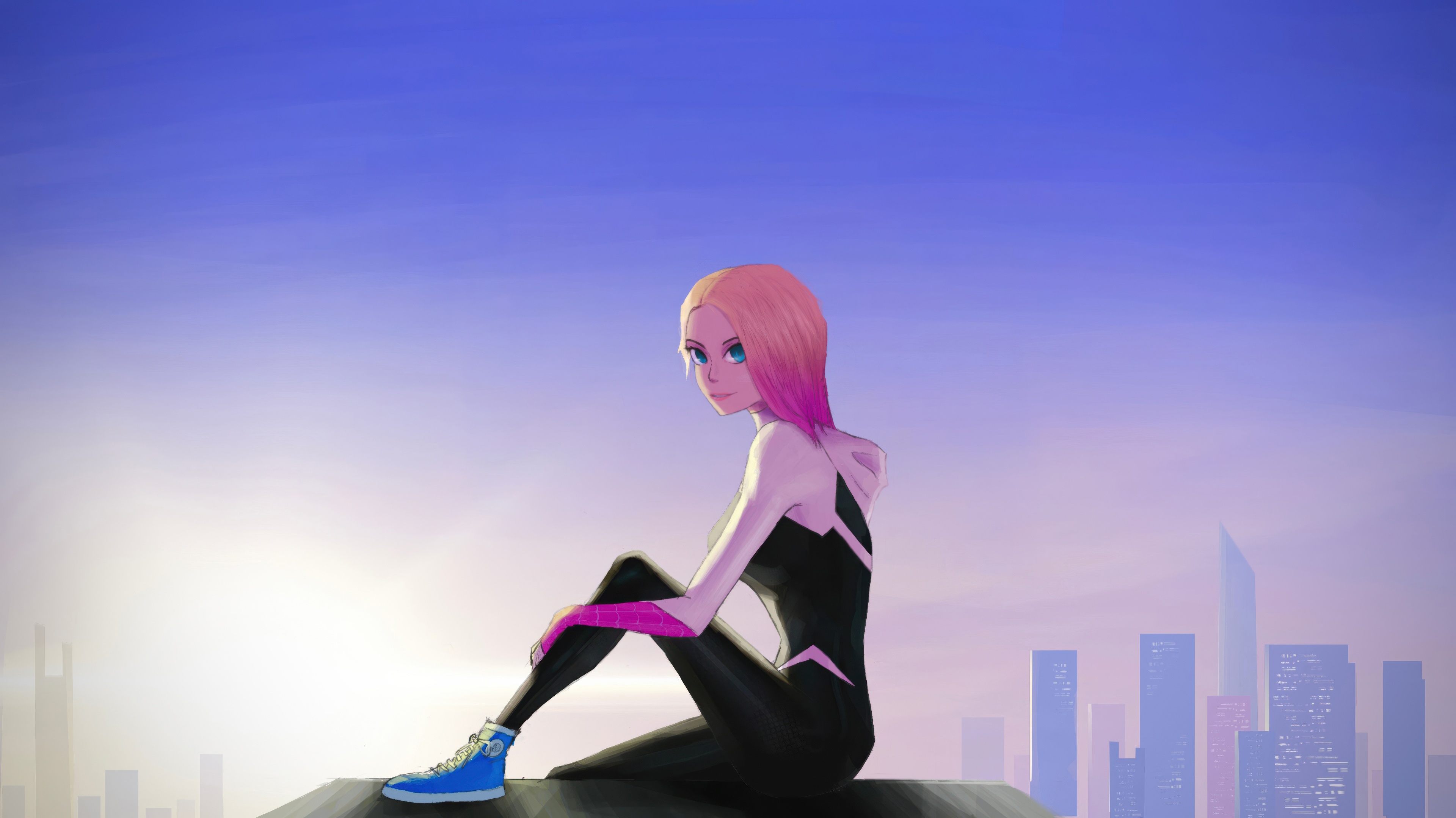 Gwen Stacy sitting on a rooftop overlooking a city HD Wallpaper