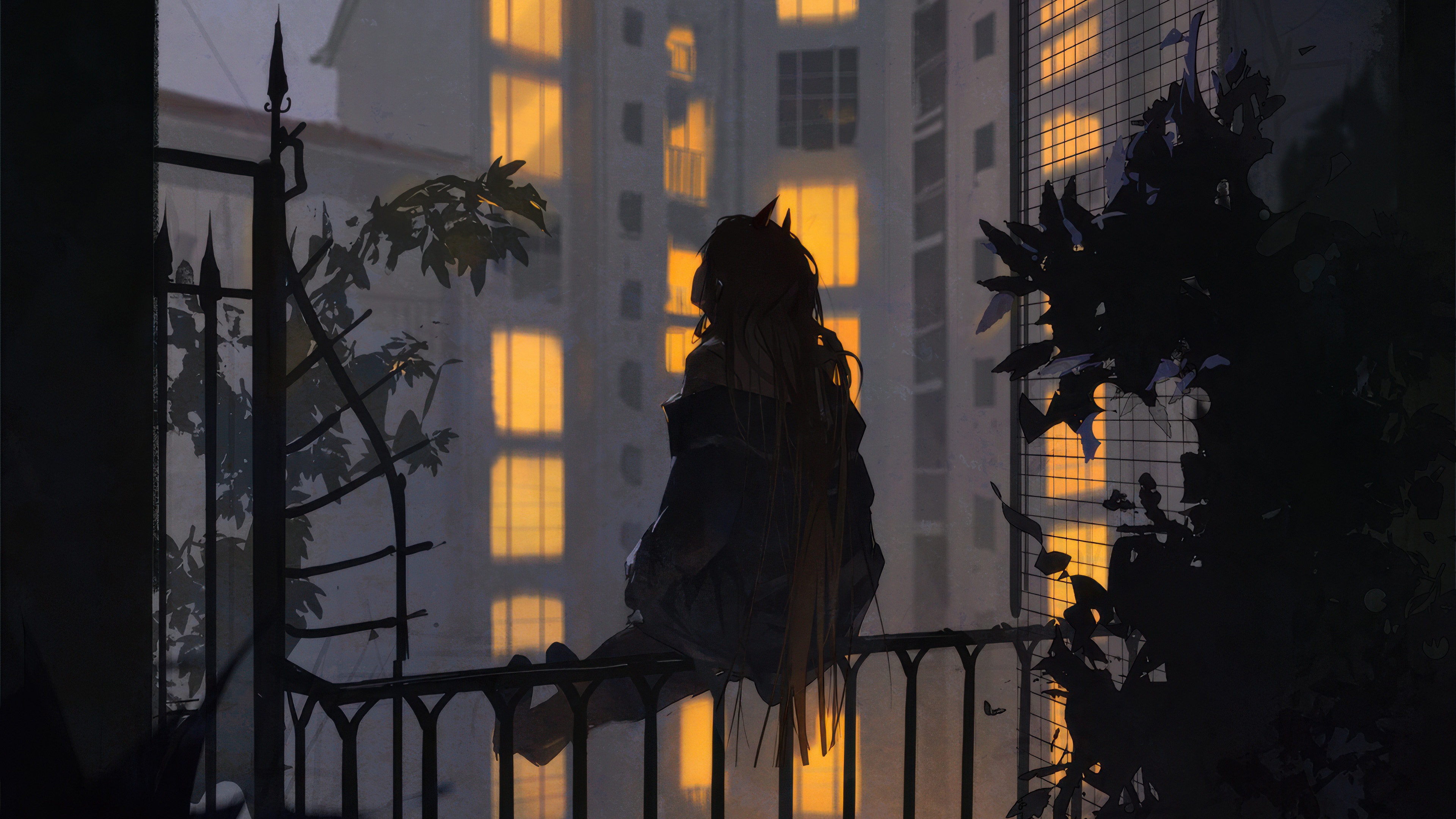 Power from Chainsaw Man on a balcony at dusk HD Wallpaper