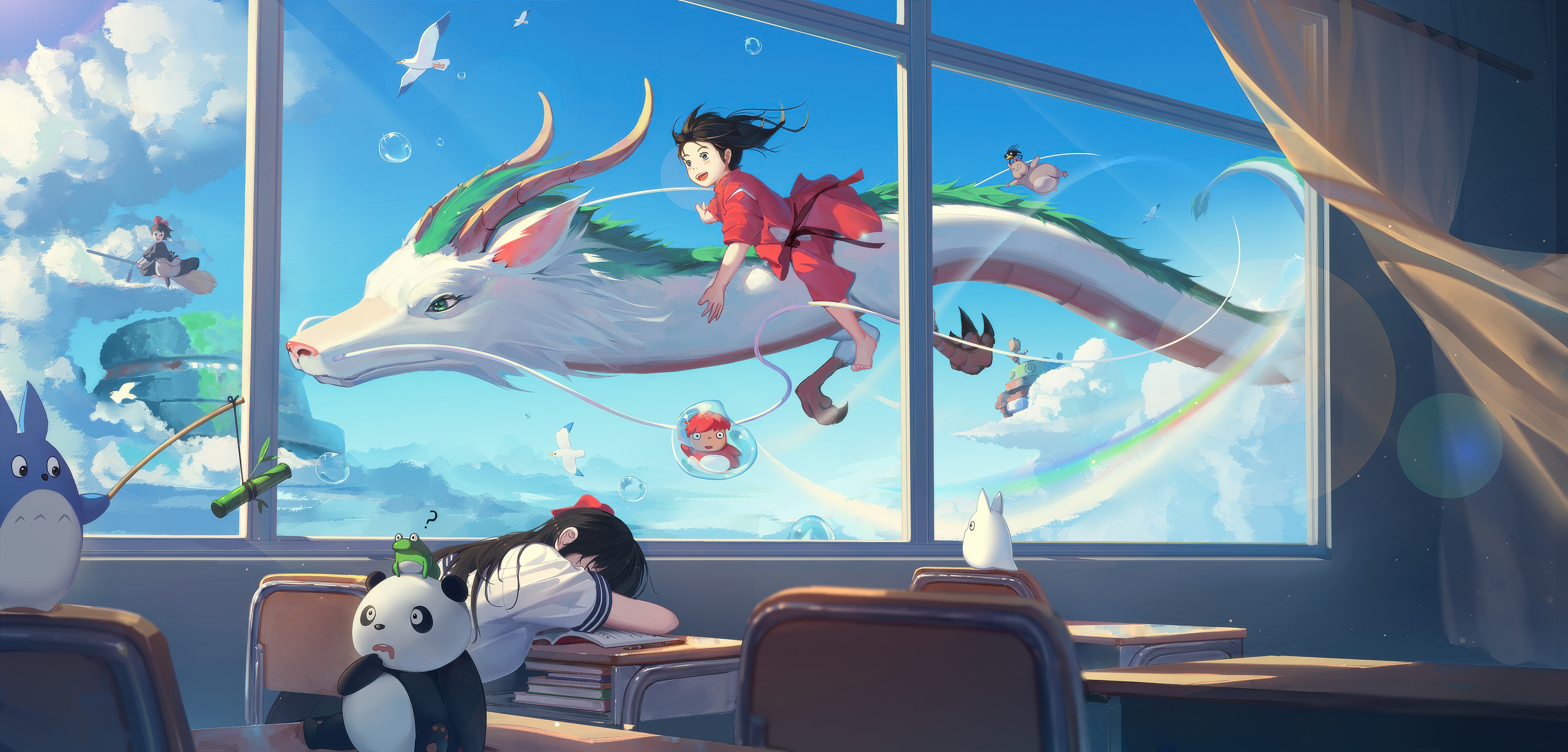 Chihiro and Haku flying through the sky HD Wallpaper