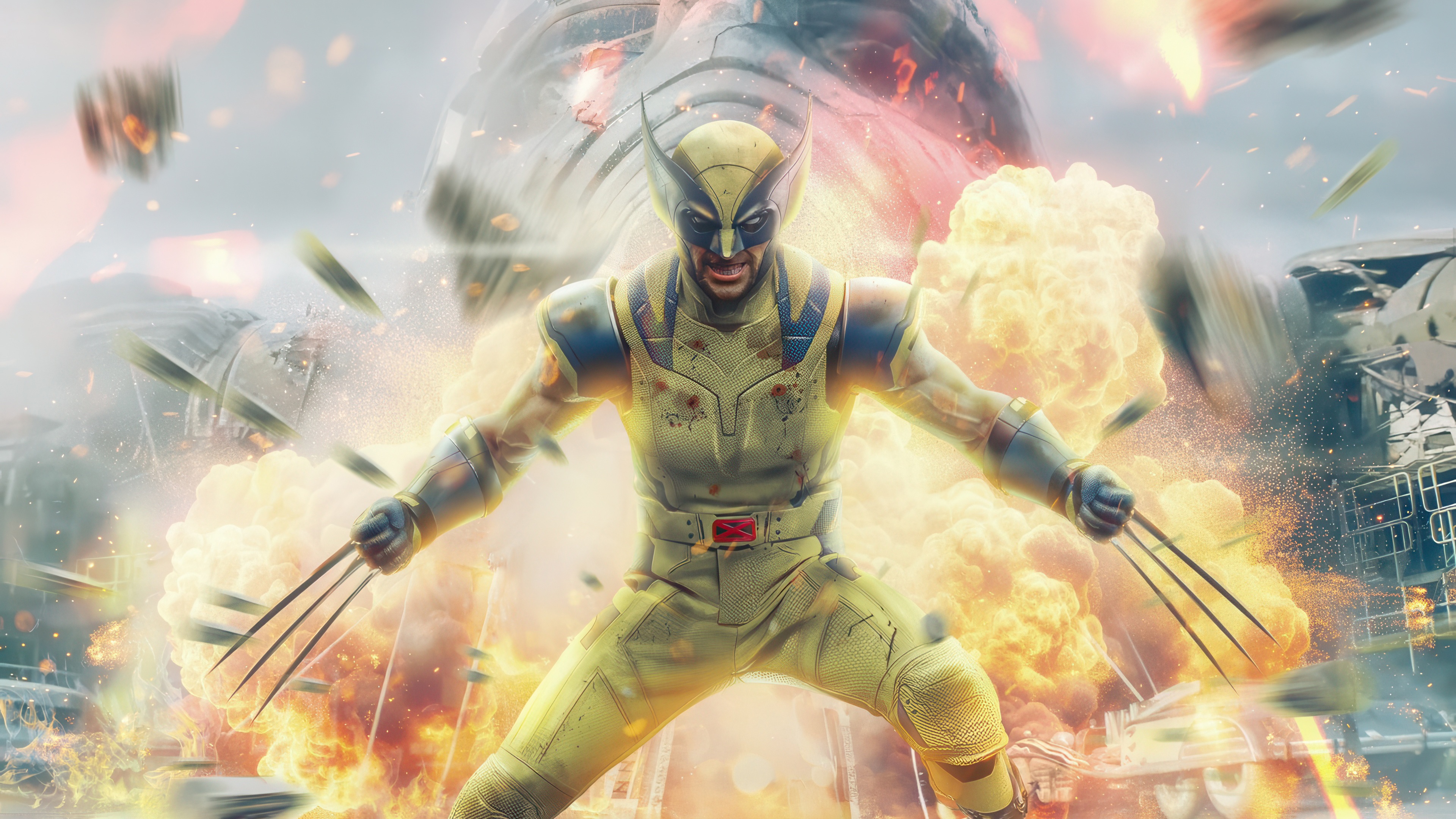 Wolverine in a Yellow Suit Amidst Explosions HD Wallpaper