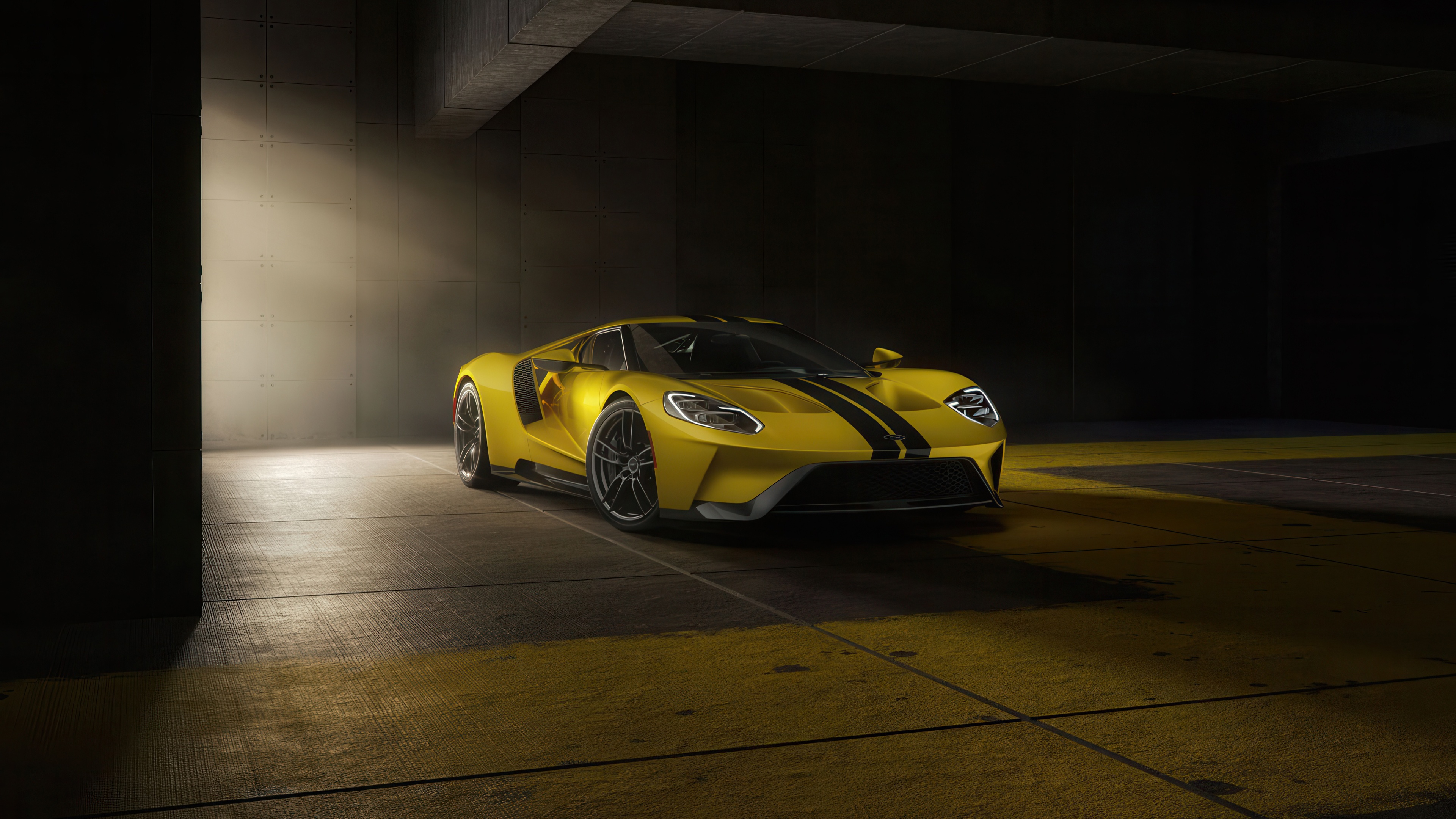 Yellow Ford GT car with black stripes HD Wallpaper