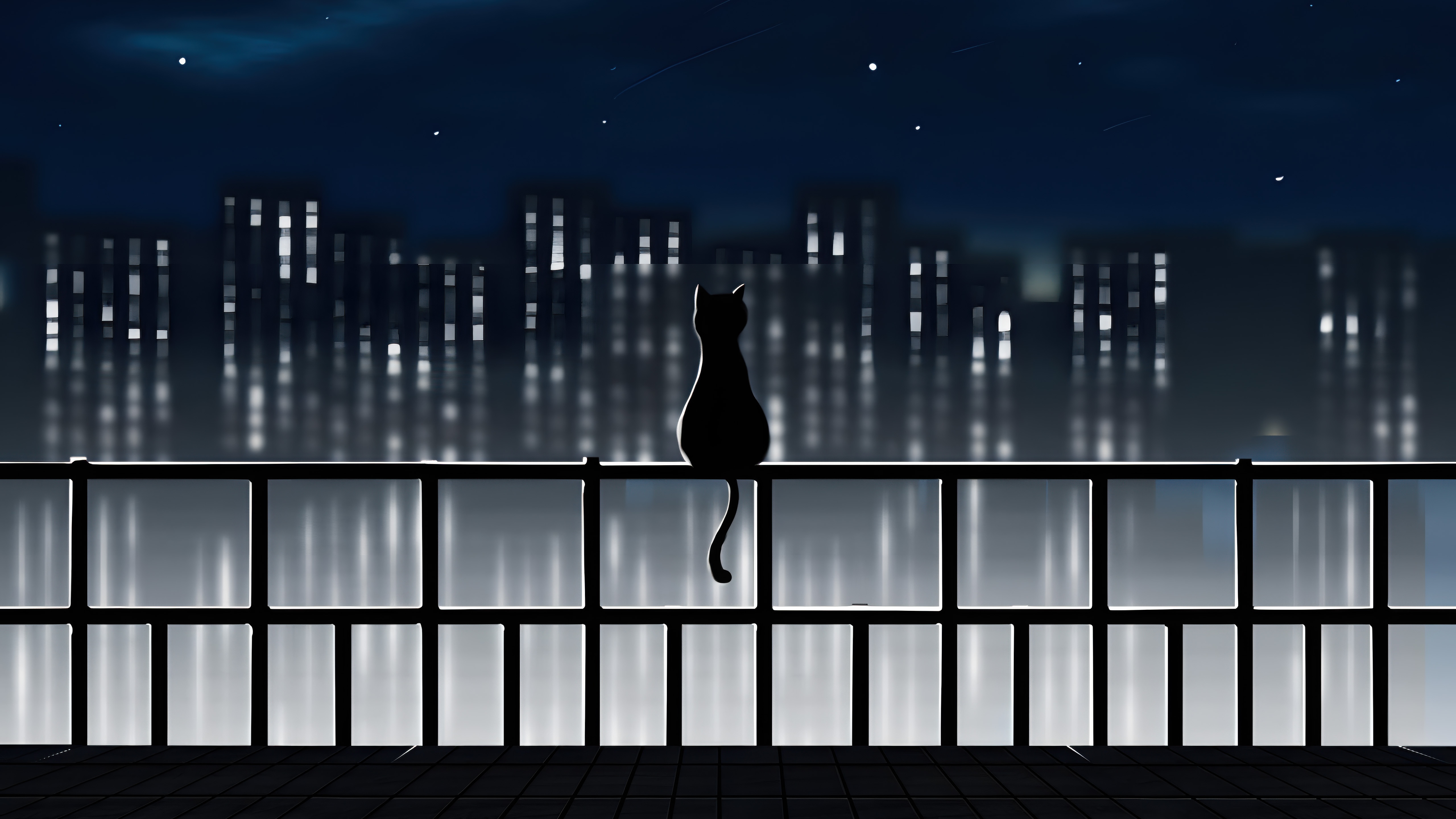 Black cat sits on a railing overlooking a city at night HD Wallpaper