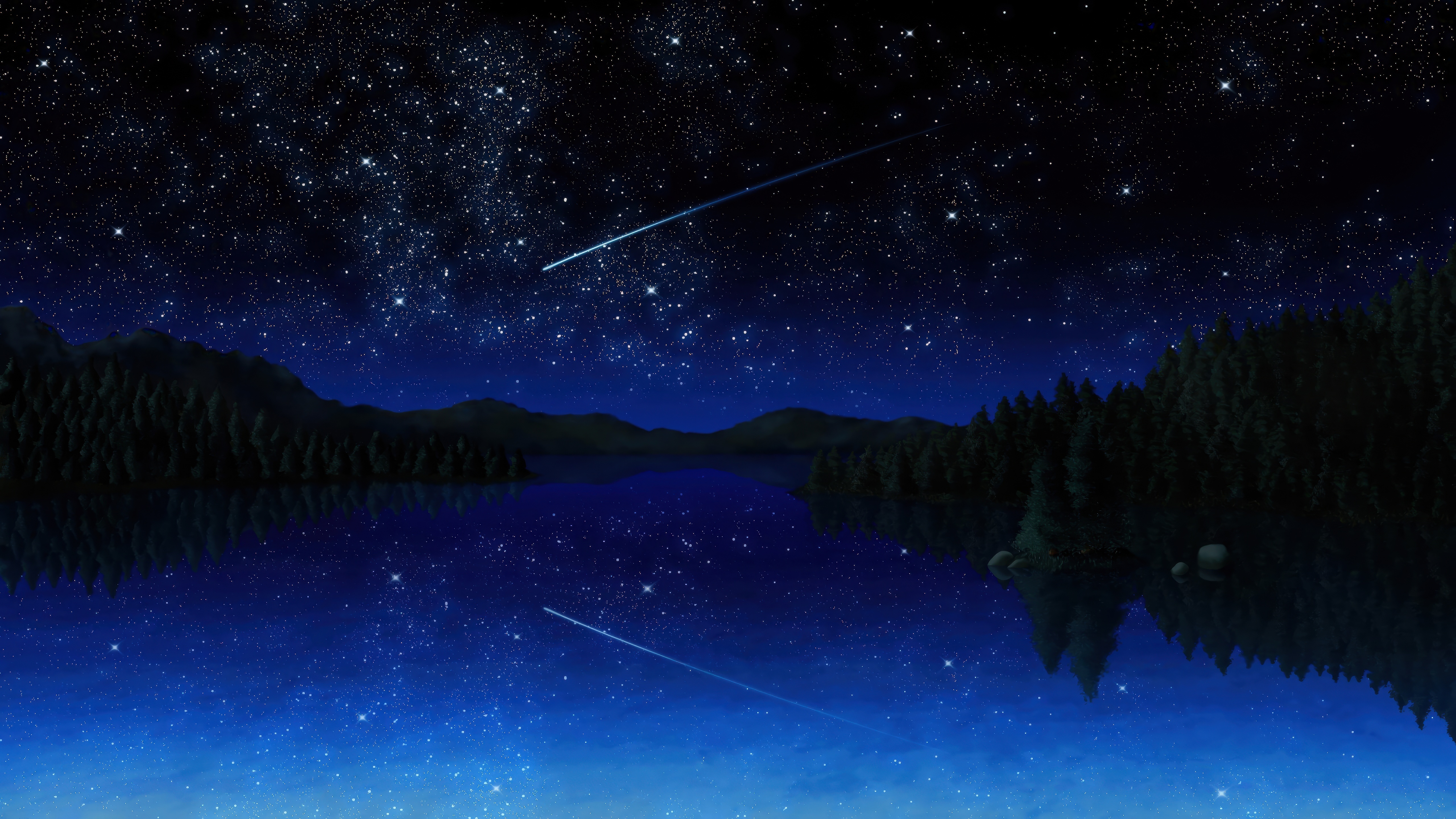 Night sky full of stars over a lake and forest HD Wallpaper