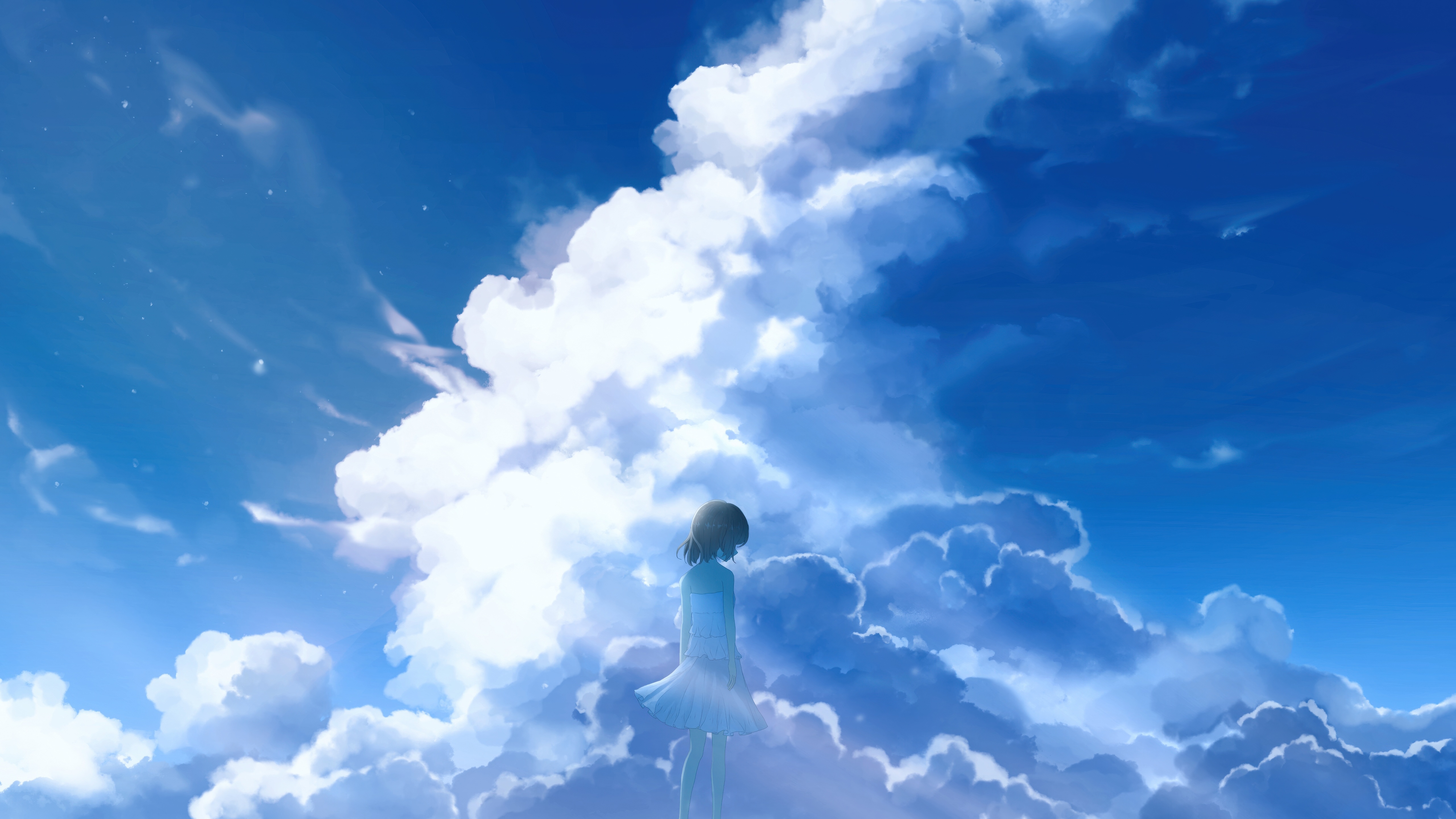 Anime girl standing in a vast blue sky with clouds HD Wallpaper