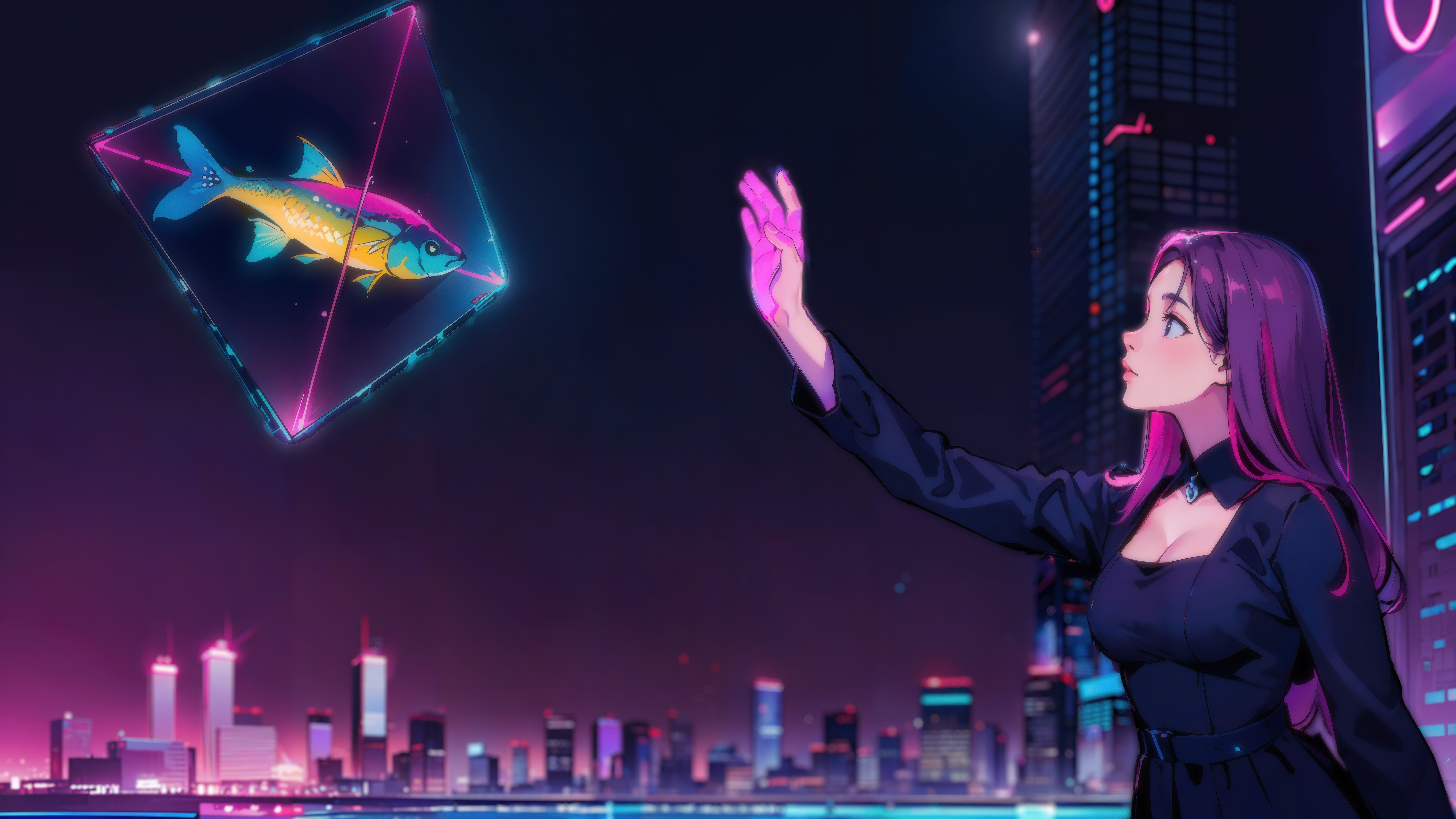 Anime Girl Reaches for Holographic Fish in Neon City HD Wallpaper