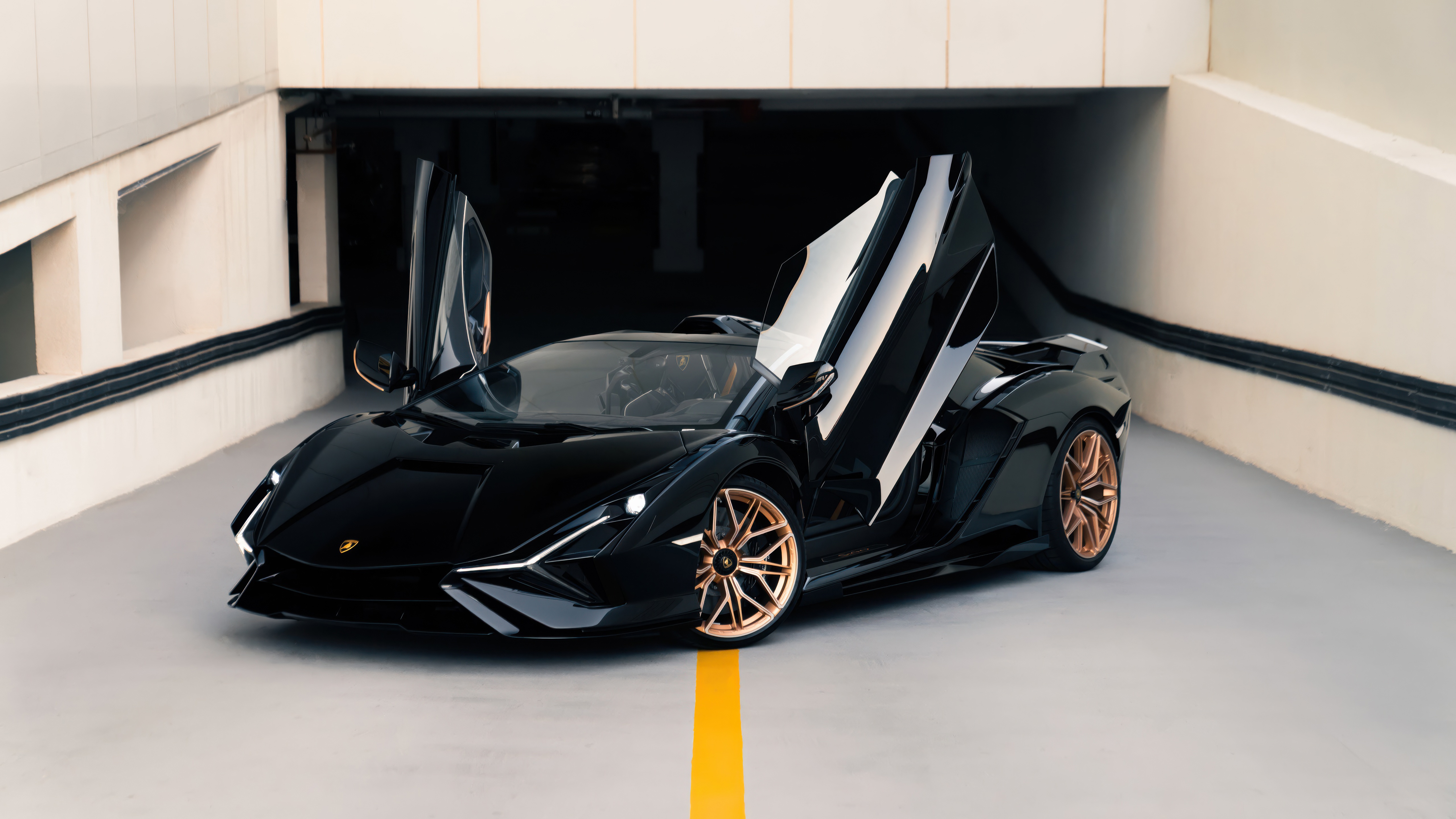 Black Lamborghini Sian Roadster with doors open HD Wallpaper