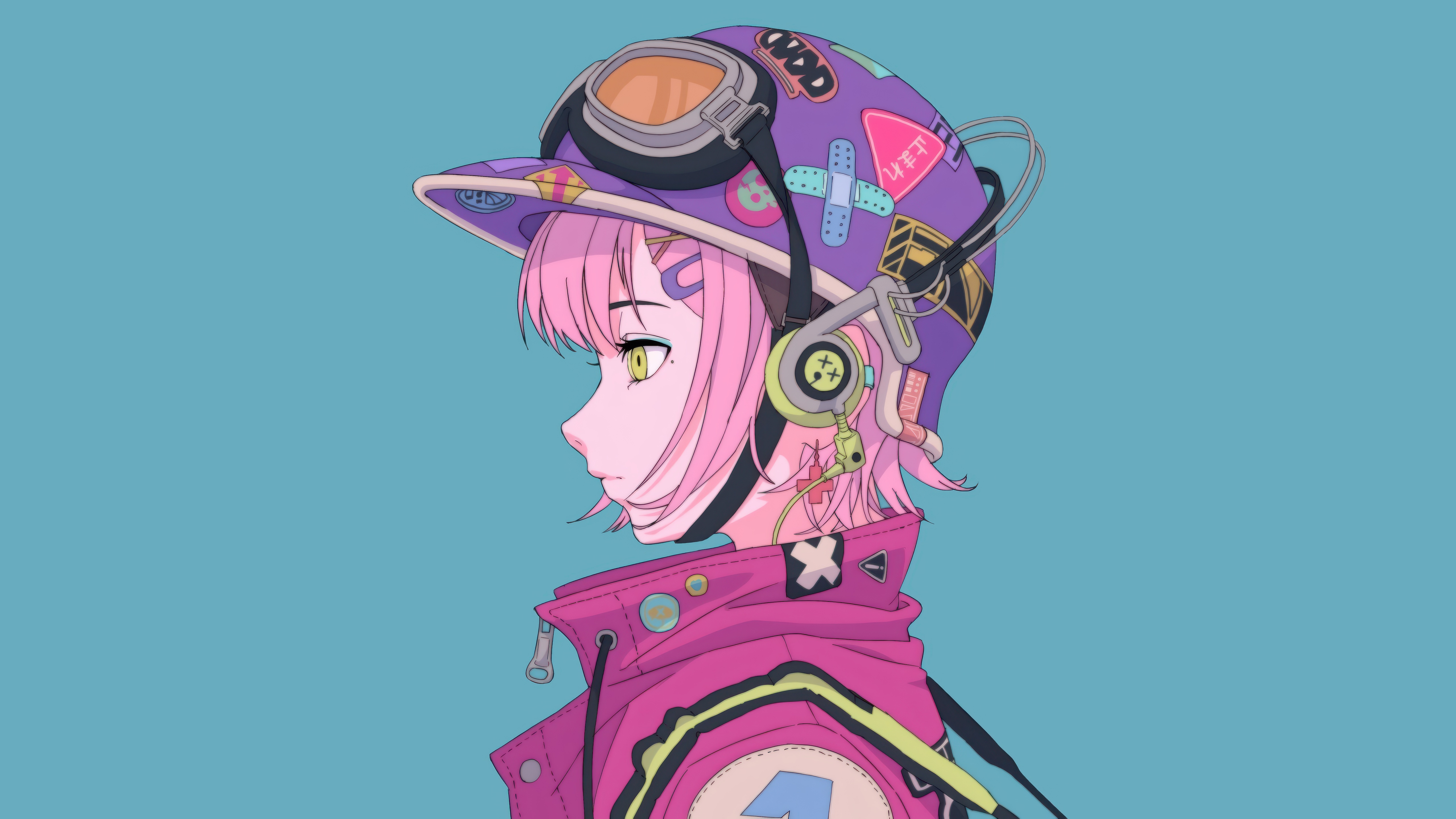 Anime girl with pink hair wearing a purple helmet HD Wallpaper