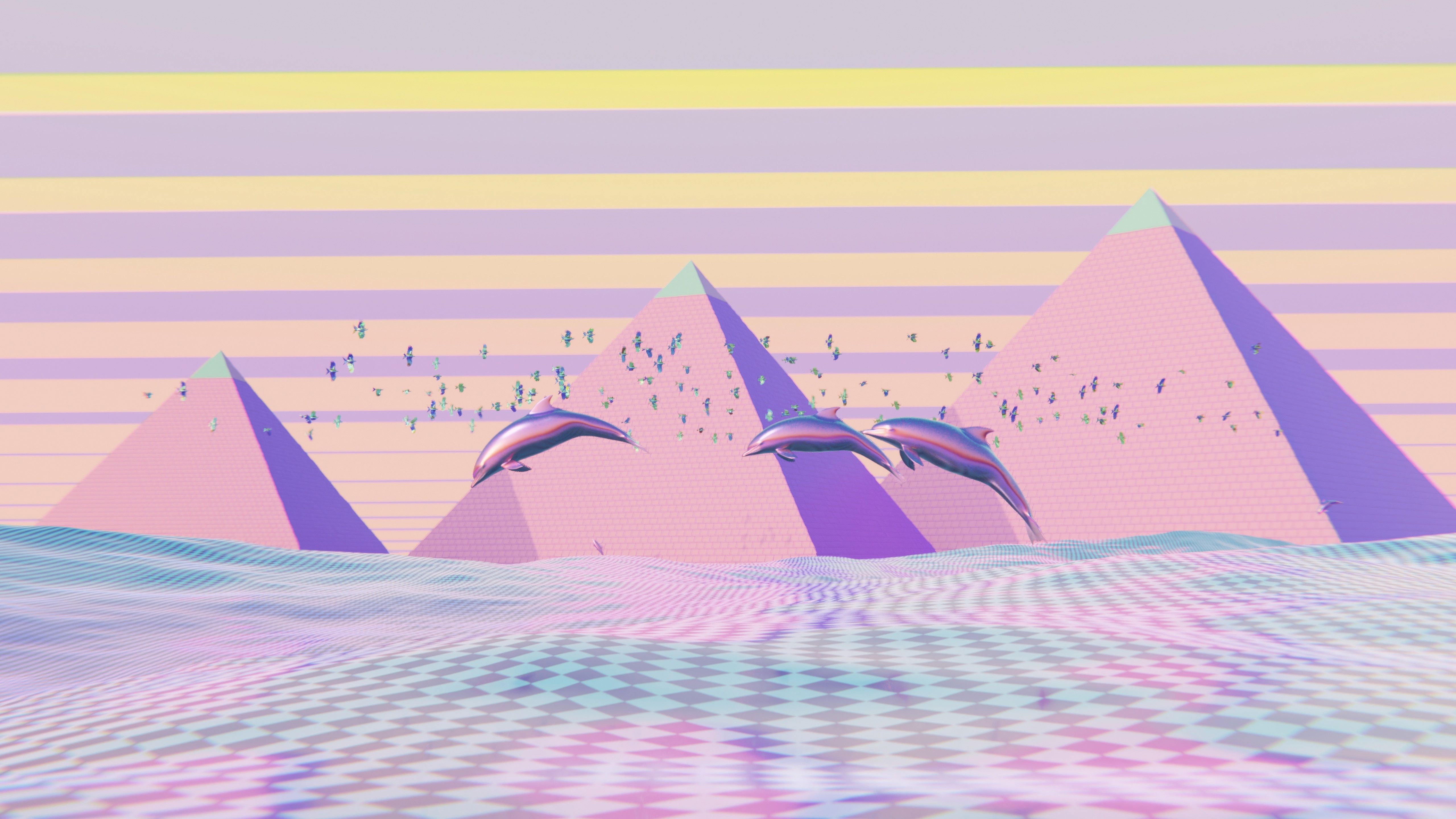 Dolphins and birds over pastel pyramids HD Wallpaper